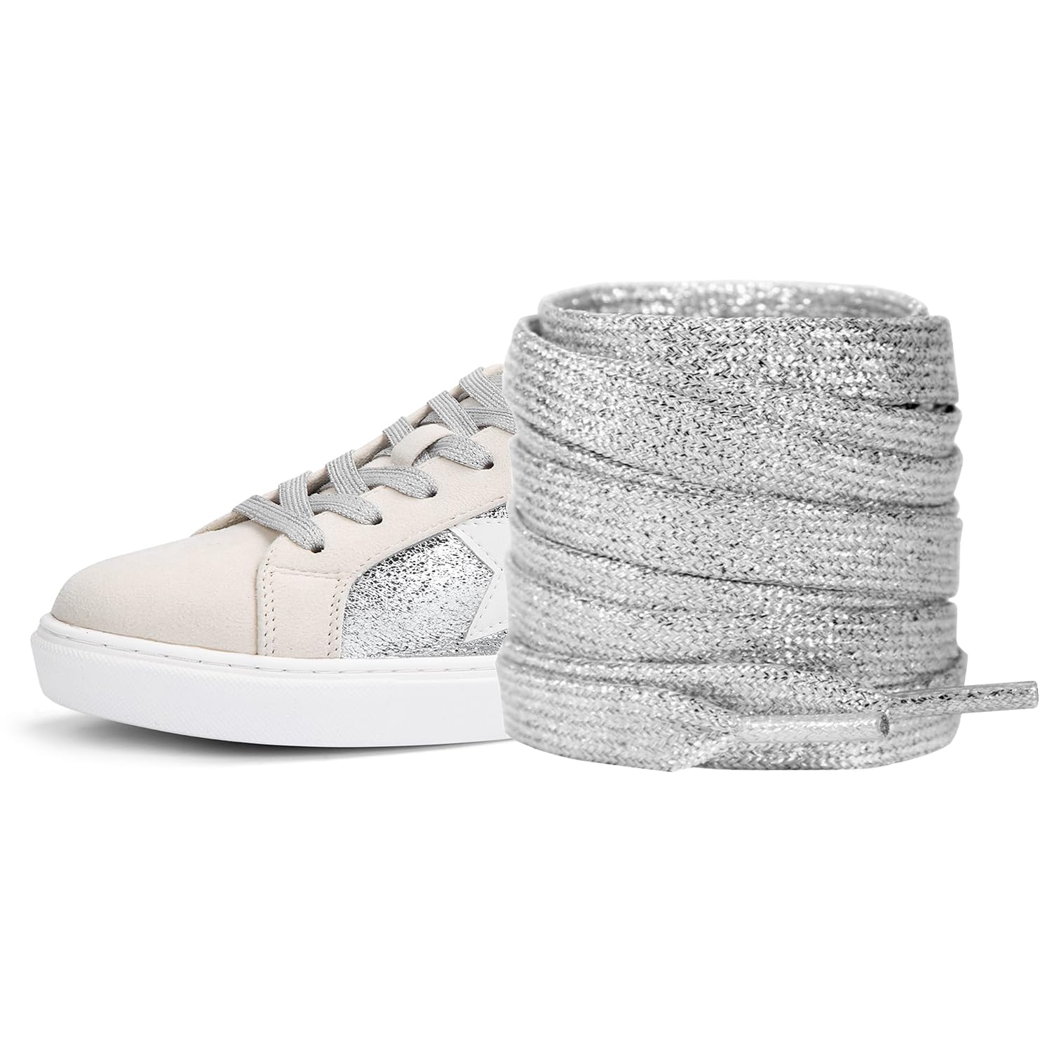 Egurs Glitterveters, 2 paar kleurrijke metallic platte veters, scheurvaste bling schoenveters voor sneakers, sportschoenen, loopschoenen, gymschoenen, 10 mm breed, 16 kleuren optioneel, zwart, 140 cm