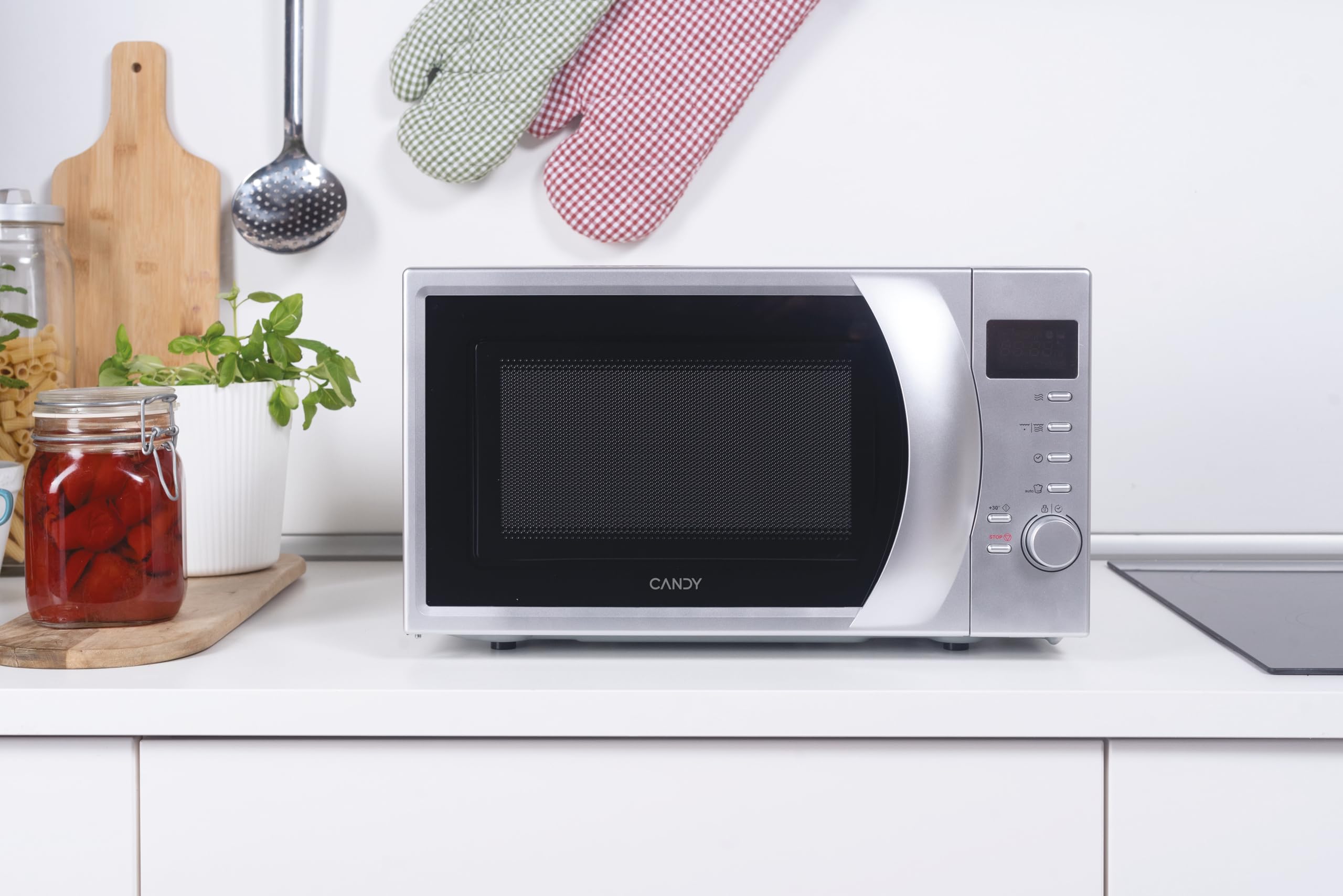 Candy CMG2071DS Micro-ondes avec écran numérique,Puissant 700 W + Gril 900W,capacité 20L, 6 Niveaux de puissance + 9 Menus automatiques,Fonction décongélation,Cuisson express,Sécurité enfant,Silver