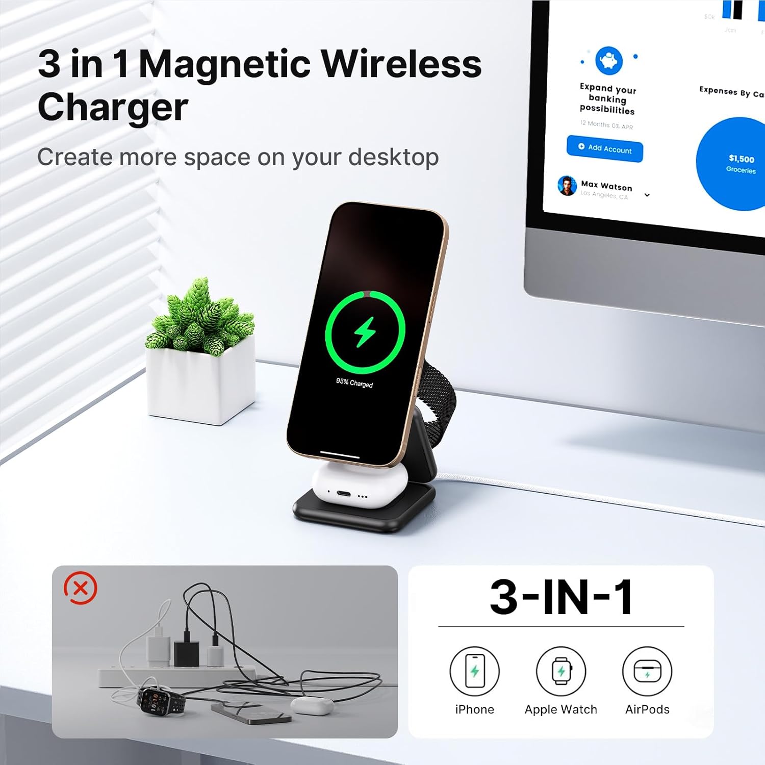 3 in 1 Charging Station for Apple Multiple Devices, Zinc Alloy Foldable Travel Wireless Charging pad for Mag-Safe Wireless Charger Stand for iPhone 17 16 15 14 13 12 Apple Watch Airpods