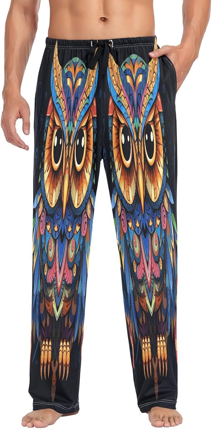 ALAZA Owl Print Ethnic Bohemian Men's Pajama Pants Men Cotton Pajama Bottoms with Pockets, S
