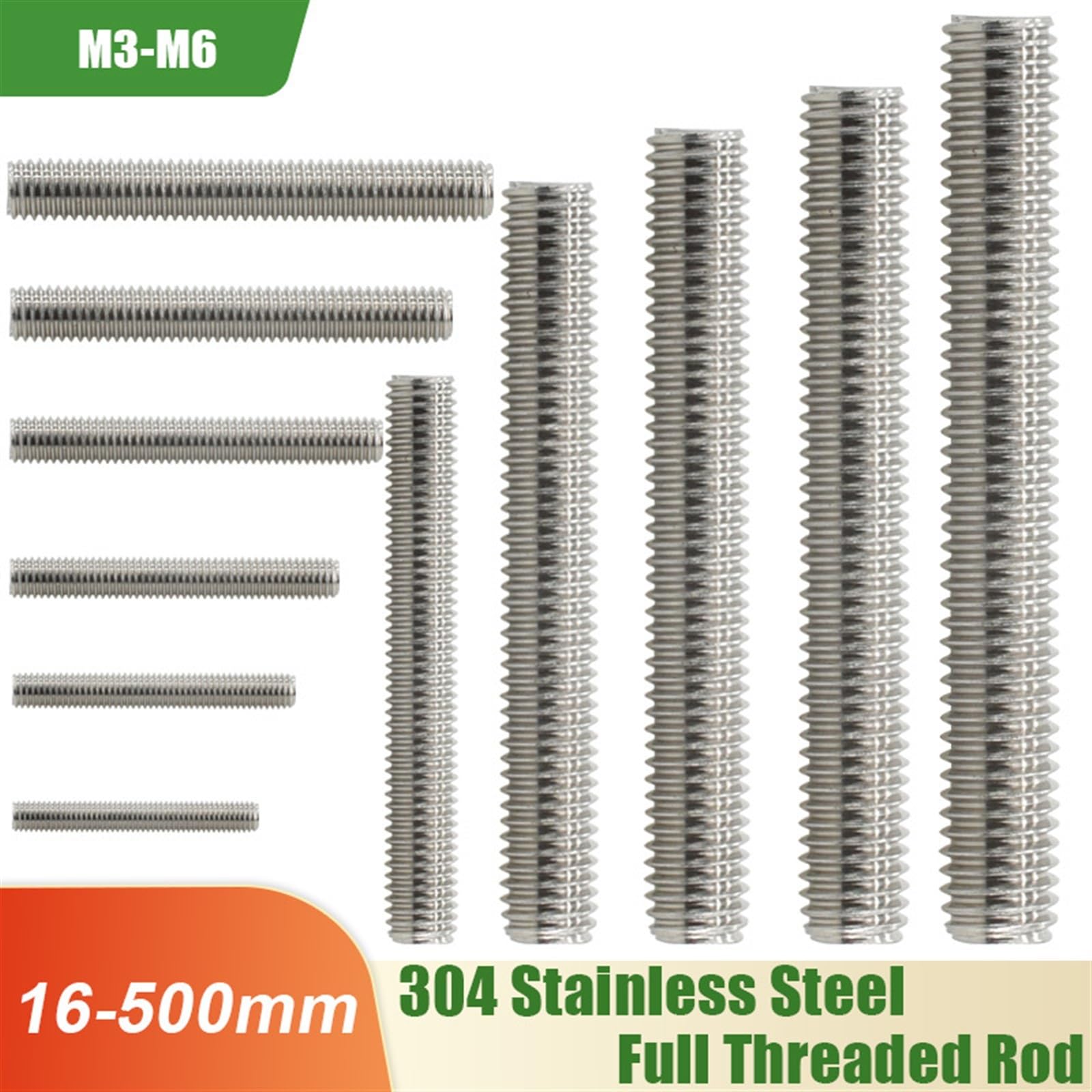 Gewindestange M3 M4 M5 M6 Vollgewindestange Vollmetrische Gewindestangen Schrauben 304 Edelstahl Bolzenbolzenlänge 20 mm 60 150 200 500(250mm (1Pcs),M4)