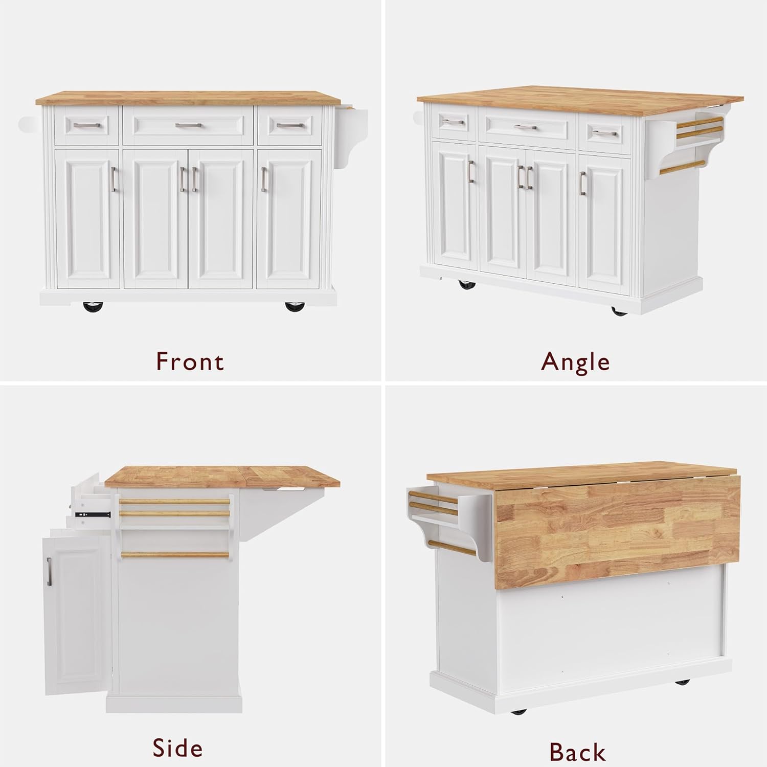 54" Large Kitchen Island with Rubber Wood Drop Leaf, Rolling Kitchen Cart with Ample Storage on 4 Wheels with 4 Doors and 3 Drawers, Moveable Island Table with Embossed Texture for Dining Room