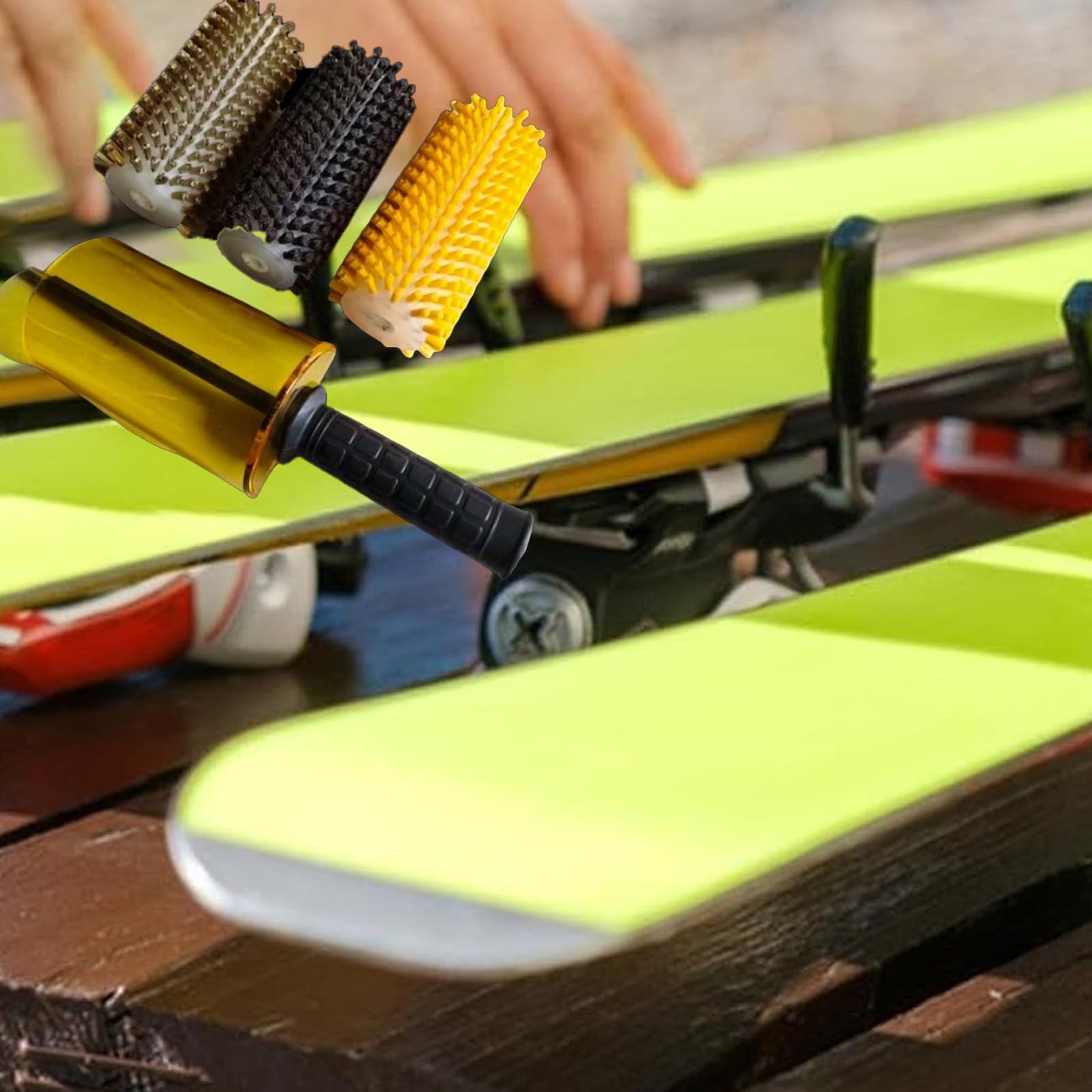 Ski Roto - Kit de cepillo para encerar, eje de mango, 3 cepillos, cubierta desmontable, uso en taladro eléctrico