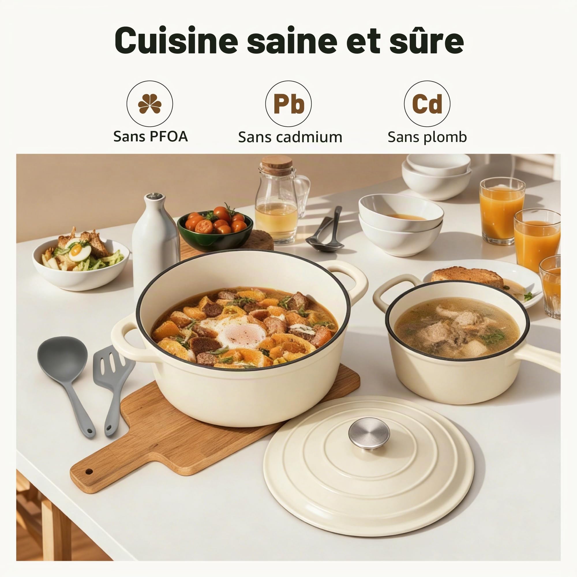 Kitchen Academy Lot de 7 Casseroles en Fonte émaillée Induction Beige Casseroles et Poêles Antiadhésif, Cocotte Fonte Émaillée avec Couvercle non Toxique Batterie de Cuisine Tous Feux