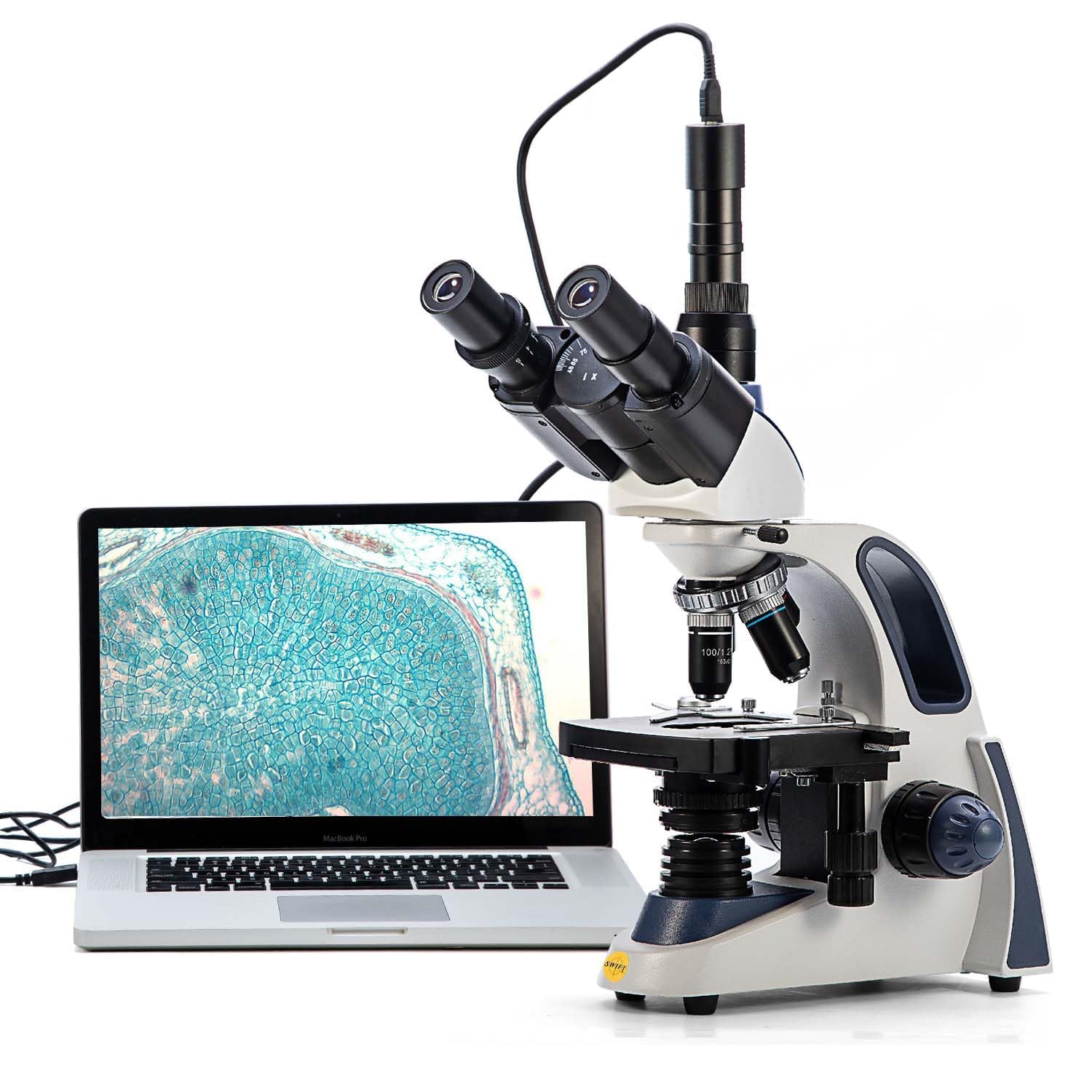 Swift SW380T 40X-2500X Research-Grade Trinocular Compound Lab Microscope with 1.3mp Camera and Software Windows and Mac Compatible and Slide