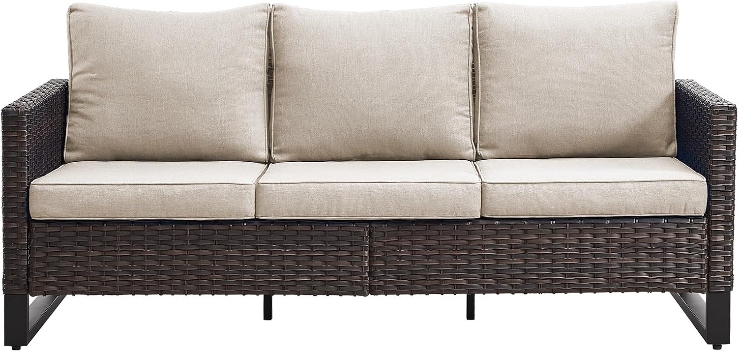Belord Outdoor Couch Patio Furniture: Wicker Patio Sofa with Deep Seat High Back, 800Lbs Weight Capacity Oversize Outdoor Seating 3 Seater Rattan Couch, Anti-Rust Frame, Brown
