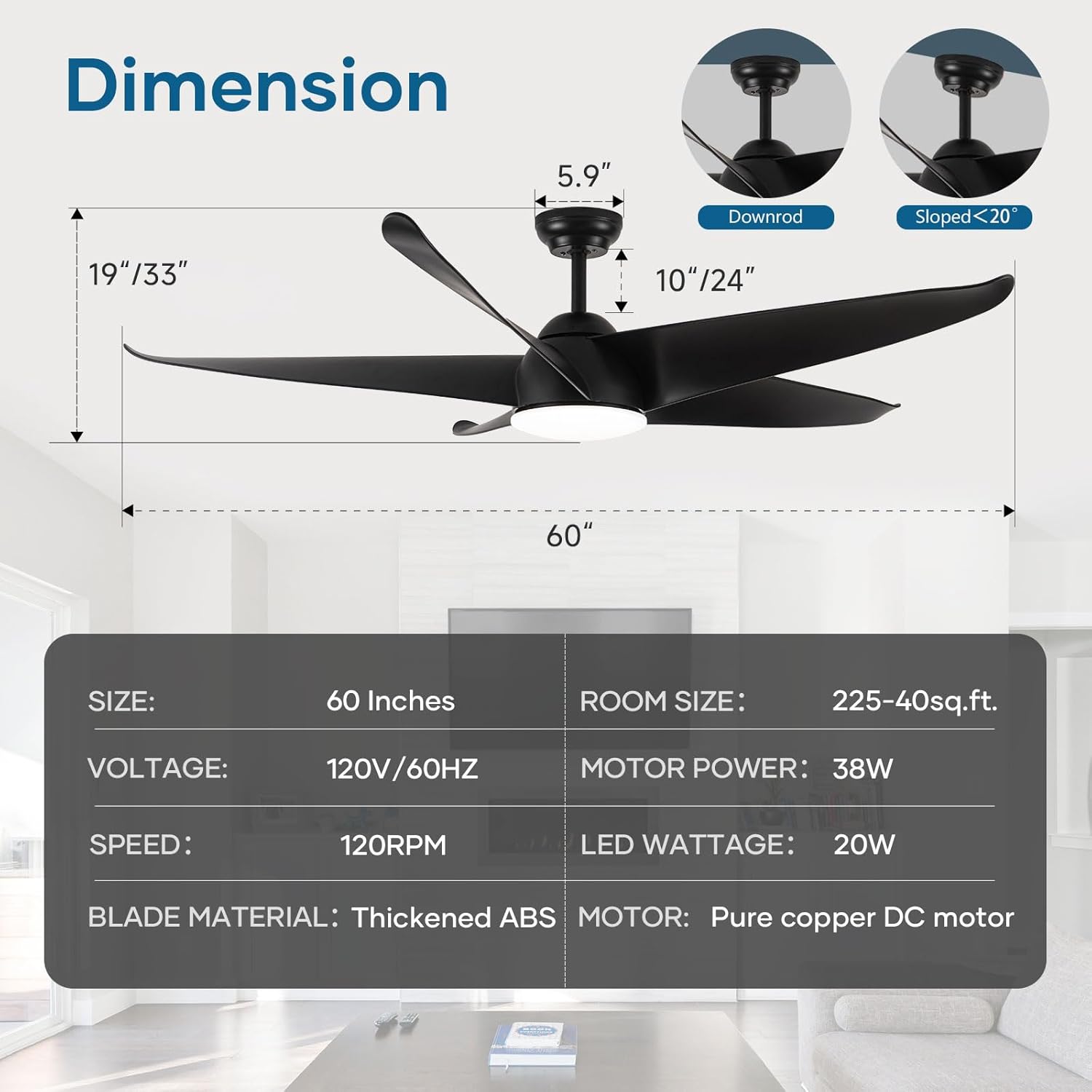 60 Inch Ceiling Fan with Light, Outdoor Ceiling Fans for Patios Damp Rated, Modern Black Ceiling Fan with Remote 3 CCT Dimmable Large Airflow, High CFM Industrial Ceiling Fans for Bedroom Exterior Fan