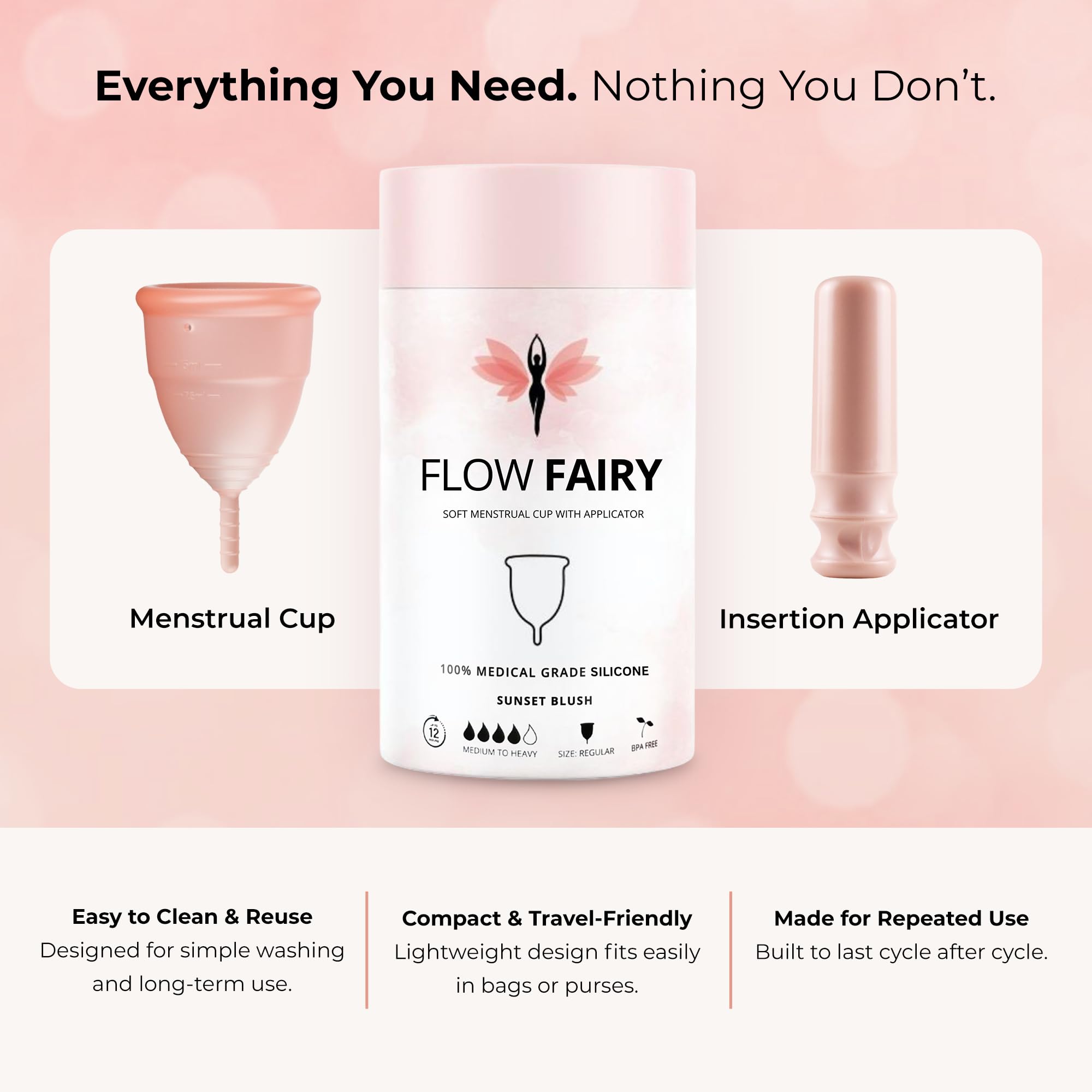 Copa menstrual y aplicador, copa menstrual reutilizable, hecha para una protección cómoda y sin fugas hasta 12 horas, sin BPA ni látex, incluye copa y aplicador de copa menstrual (pequeño)