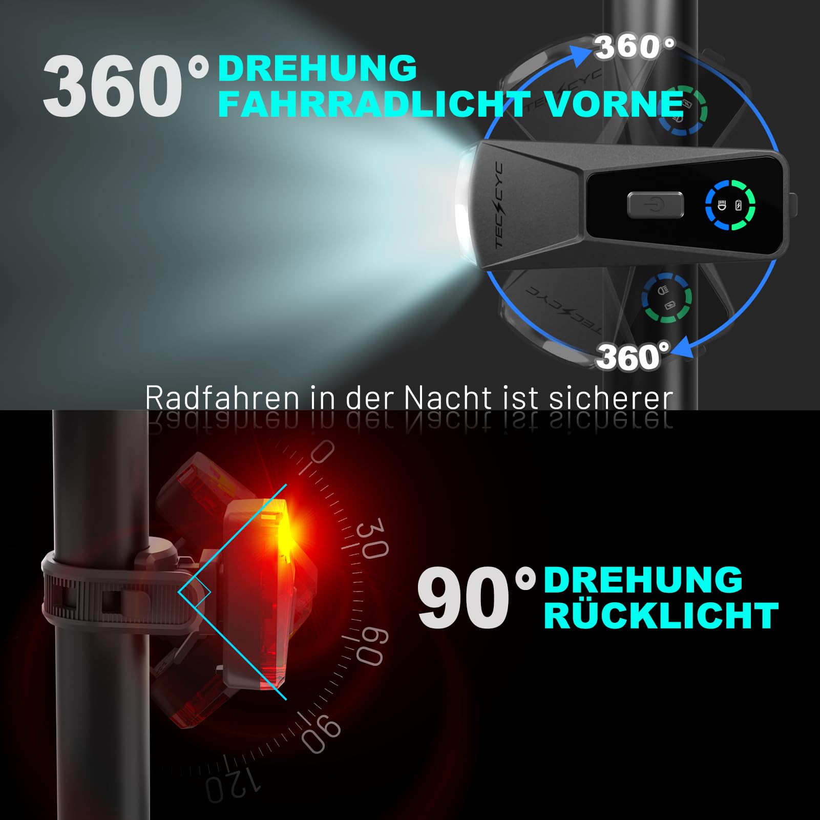 TECHCYC Fahrradlicht Set mit Lightsensesensor, Fahrradlampe bis zu 70 Lux LED, Fahrradbeleuchtung StVZO zugelassen, USB Aufladbar Fahrradlampe, IPX6, 2500 mAh Fahrradlichter Vorne & 300 mAh Rücklicht