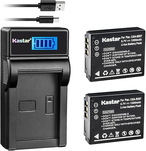 Kastar Batería (X2) y cargador USB delgado LCD de repuesto para Panasonic CGA-S007, CGA-S007A, CGR-S007, CGAS007, Panasonic DMC-TZ1 DMC-TZ2 DMC-TZ3