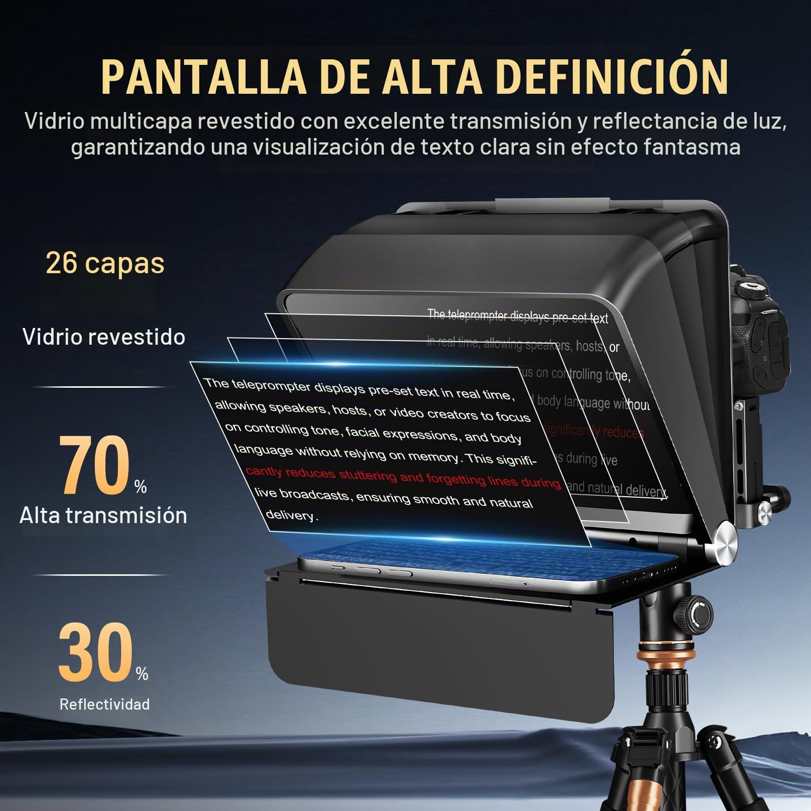 Soonpho T3 Teleprompter Compatible Cámaras hasta 7,9 Pulgadas Admite Objetivos Angulares 24–35mm Una Aplicación Remota Control Bluetooth para Entrevistas Vlogs Retransmisiones