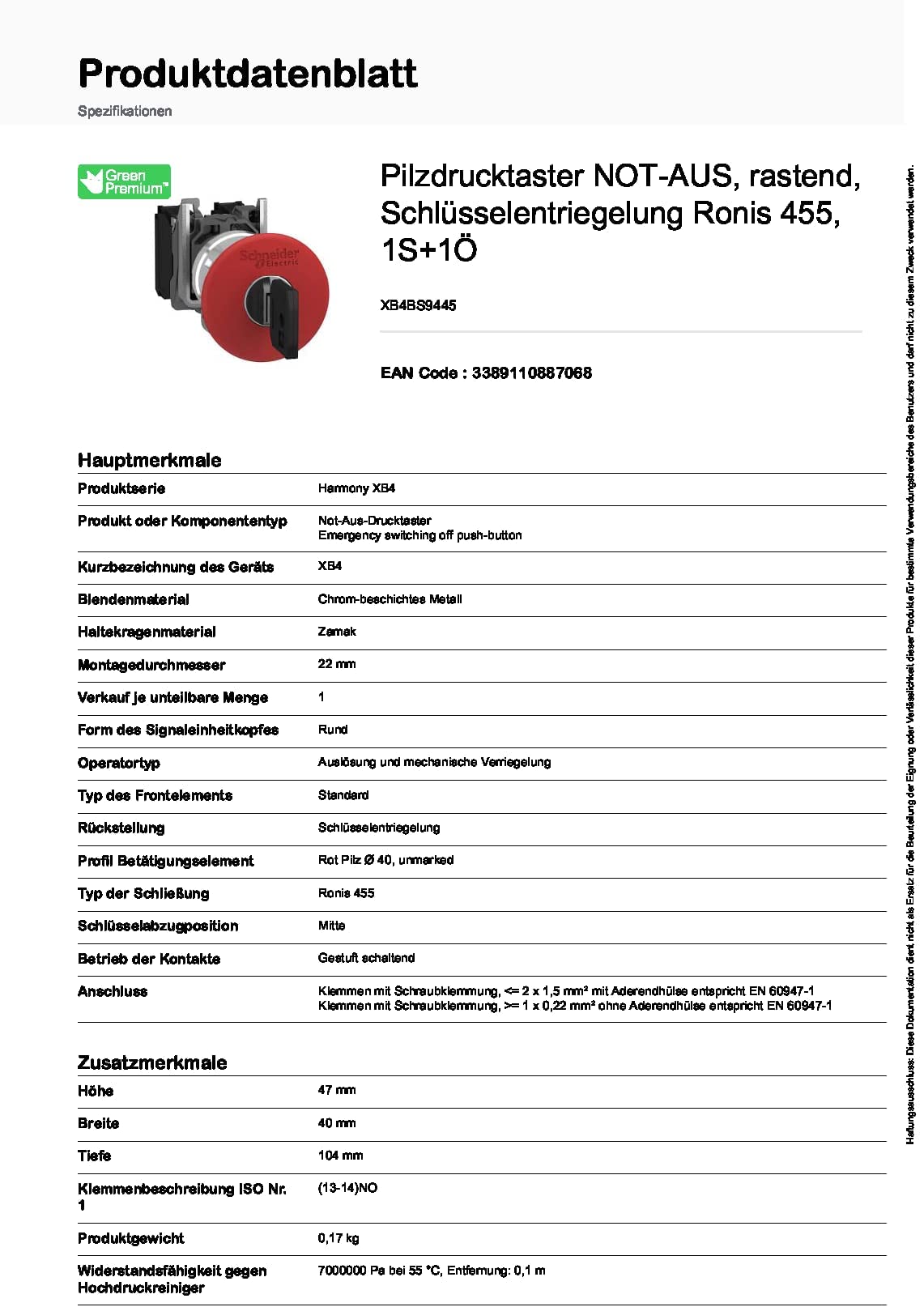 Schneider Electric XB4BS9445 Pulsador Parada de Emergencia Diámetro 22, Cabeza Redonda Diámetro 40, Liberación Llave, Rojo