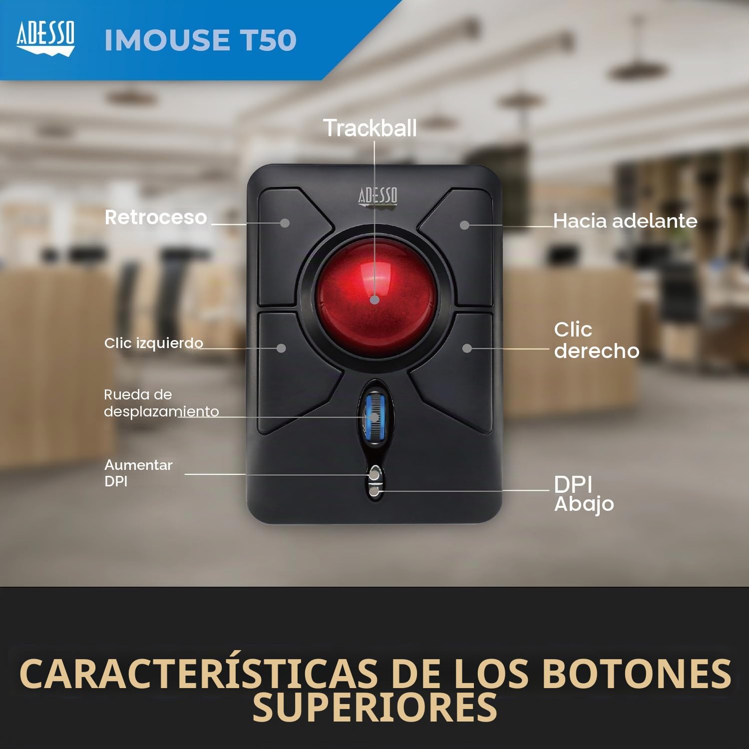 Adesso iMouse T50 - Ratón (Ambidextro, Trackball, RF Wireless, 4800 DPI, Black, Rojo)