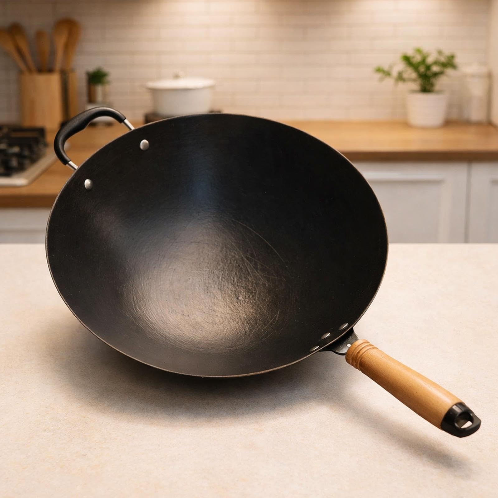 Wok Pan Pentola Wok per Cucinare Padella Antiaderente Ferro Artigianale Manico Ergonomico Adatto per Cucina Barbecue Regalo, 34cm