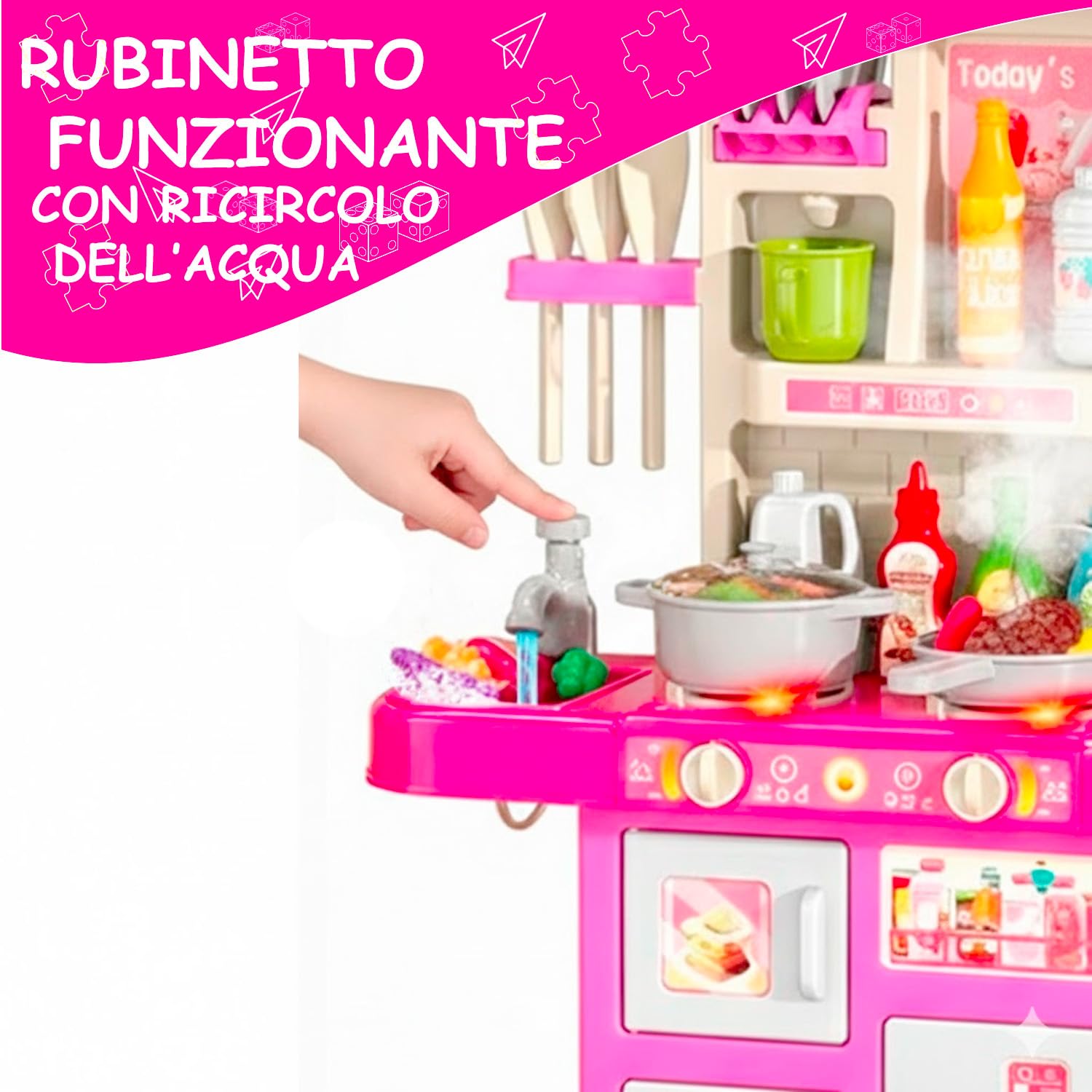 Cucina Giocattolo Per Bambini Con Luci E Suoni Realistici 69 Accessori Rubinetto Con Sistema Di Riciclo Dell'Acqua E Fornelli Per Bambini Dai 3-5 Anni Set Cucina (Rosa)
