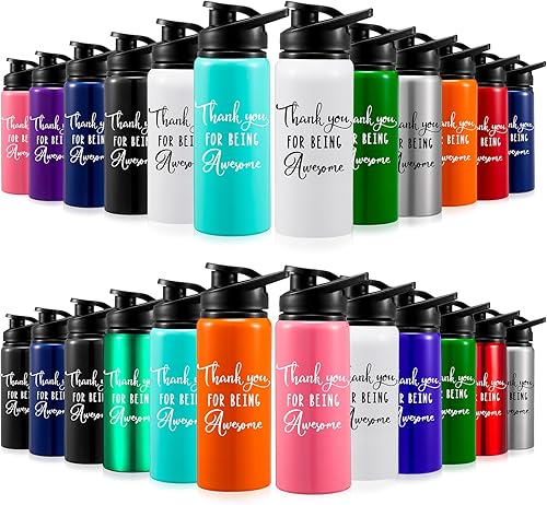 Bokon Paquete de 24 botellas de agua ligeras de aluminio reutilizables a granel con hebilla de tapa giratoria, a prueba de fugas, gimnasio,