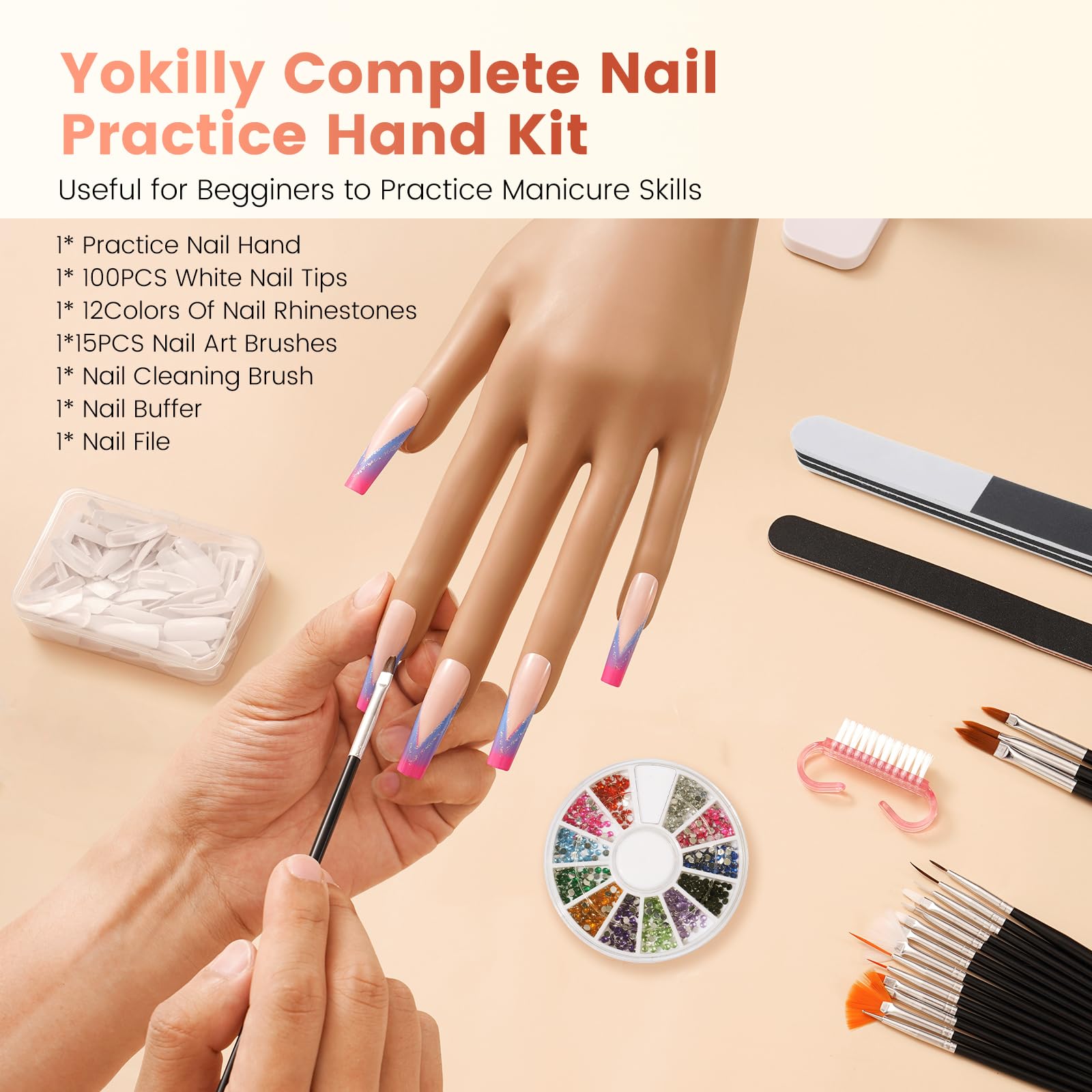 Yokilly Mano para Practicar Uñas: Flexible Mano Articulada Practicas Uñas y Uñas Acrilicas - Silicona Mano de Practicas de Uñas Manicura para Principiantes Salón Casa