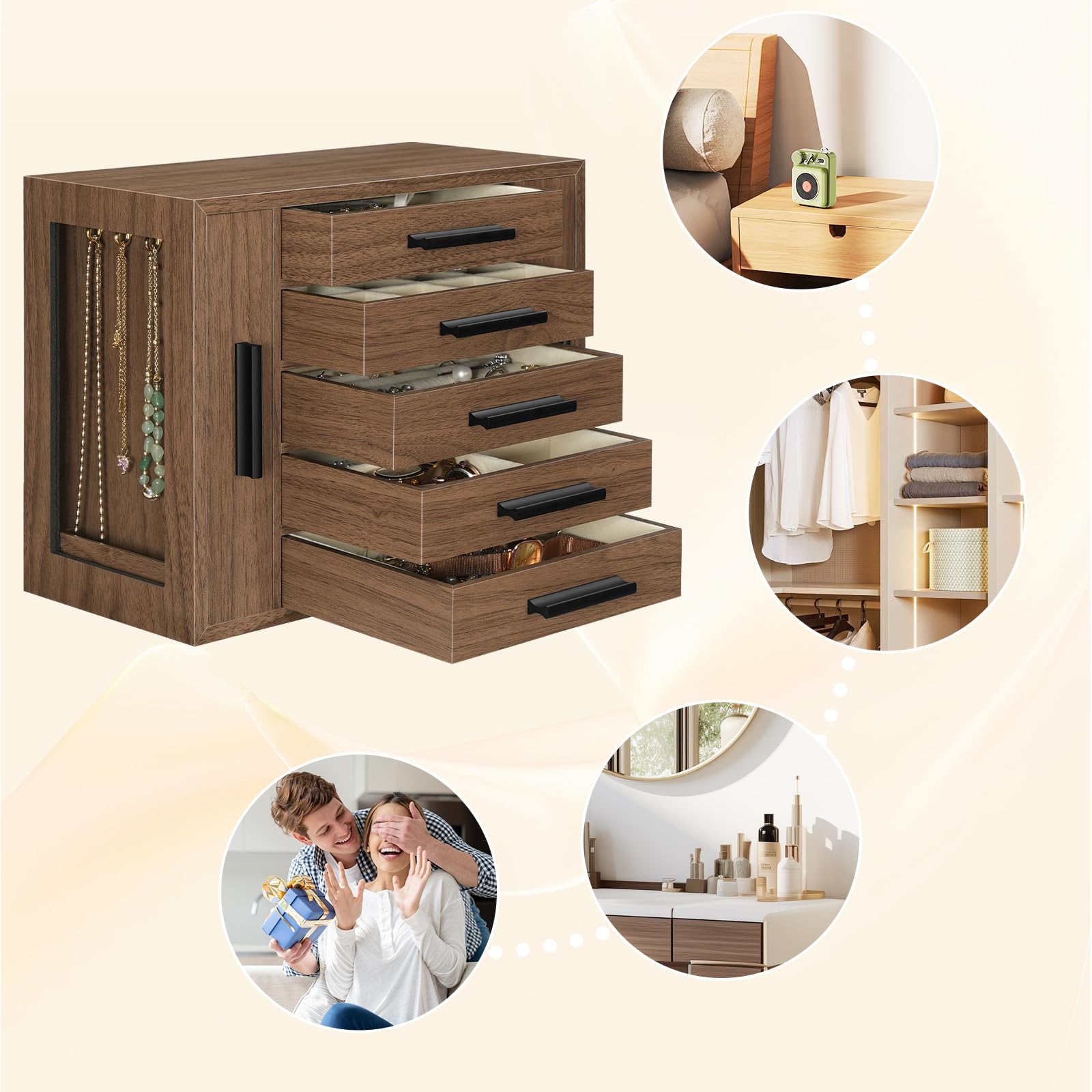 HOOBRO Caja para Guardar Joyas con 5 Niveles, Joyero de Madera con Ventanilla Transparente y 2 Cajones Verticales, Cofre para Joyas, Pendientes, Collares, Anillos, Relojes, Nogal y Negro EBH19JB04