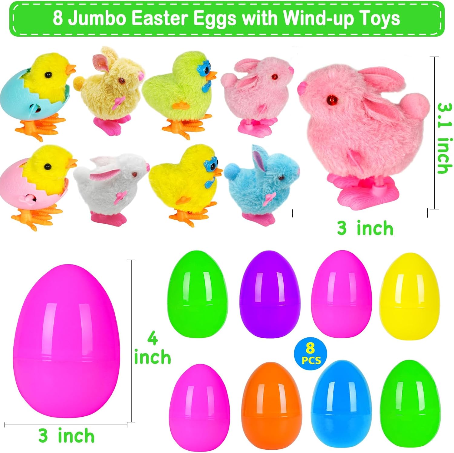 Jumbo 4" Easter Eggs Filled with Wind-up Toys, 8 Pack Colorful Easter Egg Wind Up Jumping Bunnies and Chicks Hunt Filling Treats Easter Basket Stuffers Easter Party Favors for Kids Boys Girls