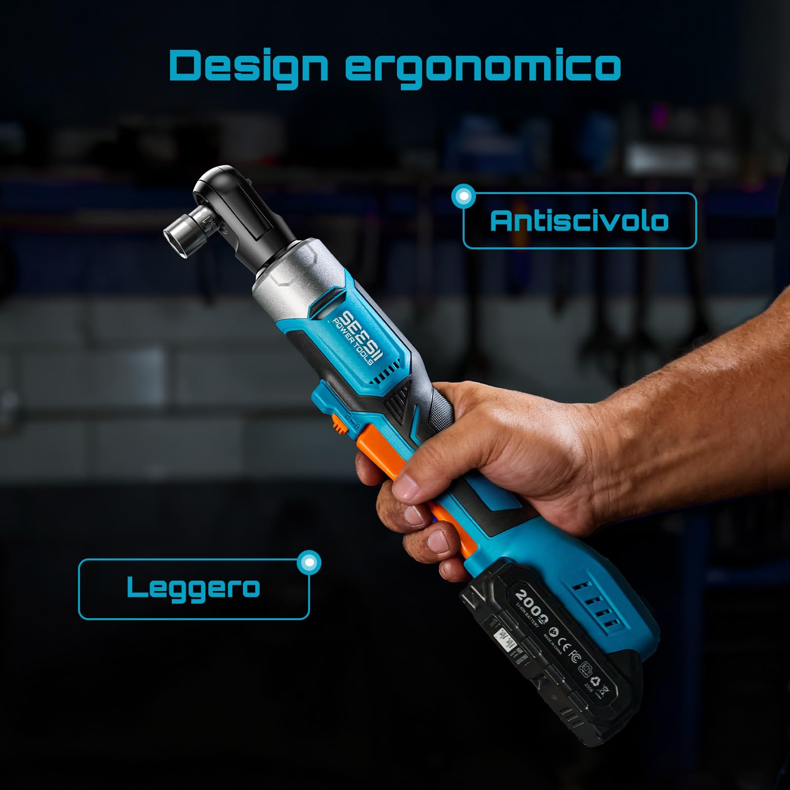 Seesii 3/8" Chiave a cricchetto elettrica, 80 N·m chiave a cricchetto con batterie 2x2.0Ah, 300 giri/min Chiave a cricchetto a batteria bussole da 10 a 17 mm, più adattatori 1/4 & 1/2 prolunga da 3"