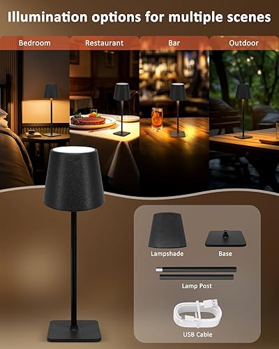 Miniatura 4 de Lámpara de mesa inalámbrica negra para comedor, portátil de 6000 mAh, funciona con pilas, lámpara de escritorio para exteriores, luz inalámbrica con