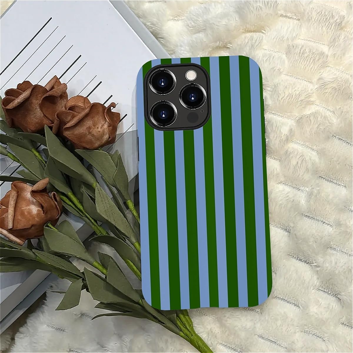Compatible with iPhone 13 Pro Max Matte Case, Green and Blue Stripes Geometric Vertical Line Pattern for Girl Full Body Design Soft Silicone Drop Shock Scratch Protection - Image 6