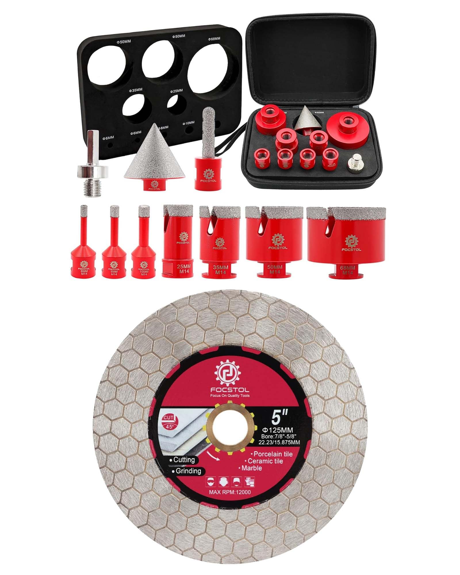 FOCSTOL Disco Diamante 125mm x 22,23mm Doble Lado Disco de Corte y Molienda y Juego de Brocas Diamante 10 piezas