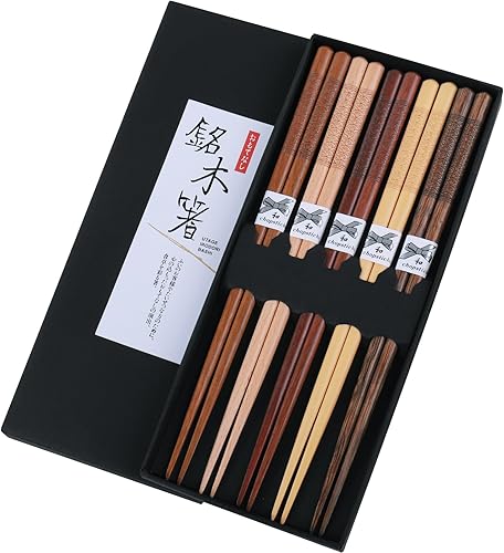 Miniatura 12 de GLAMFIELDS Palillos reutilizables de bambú natural japonés, estilo clásico, 5 pares de palillos ligeros y seguros, juego de regalo de 8.8 pulgadas