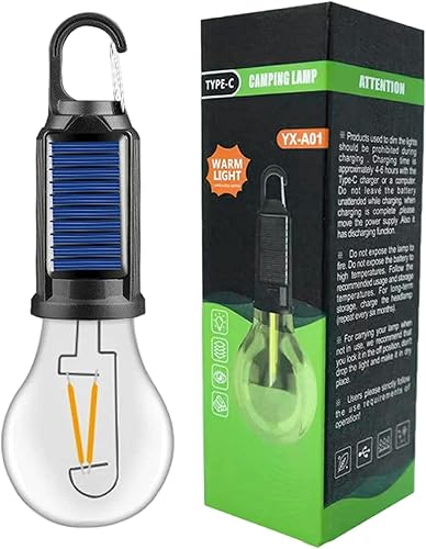 Luz solar recargable para acampar, luces LED solares para tienda de campaña con gancho de clip, bombilla colgante portátil para senderismo, pesca al