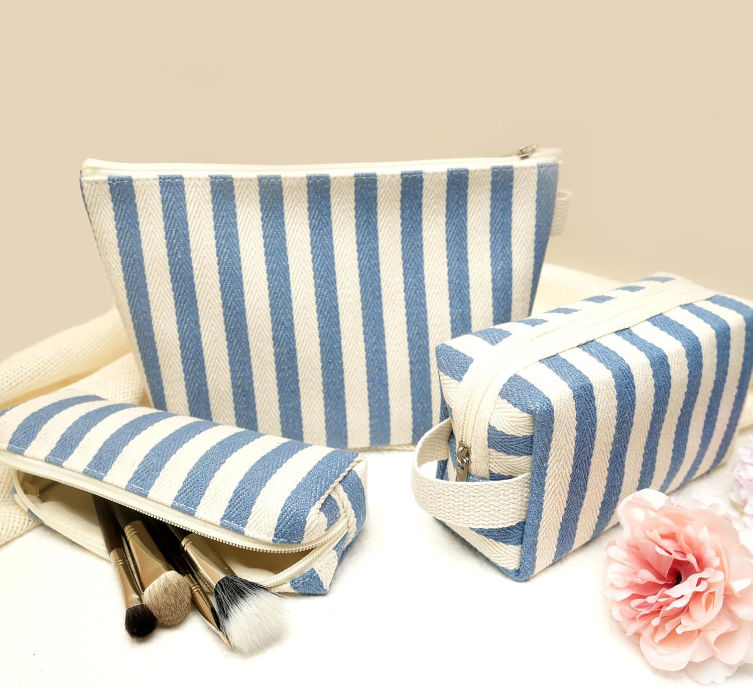 3 Pcs Makeup Bag Set Striped Canvas Purse Cosmetic Bag For Women Travel Toiletry Pouch Organizer pencil case (Blue-White) - Image 3