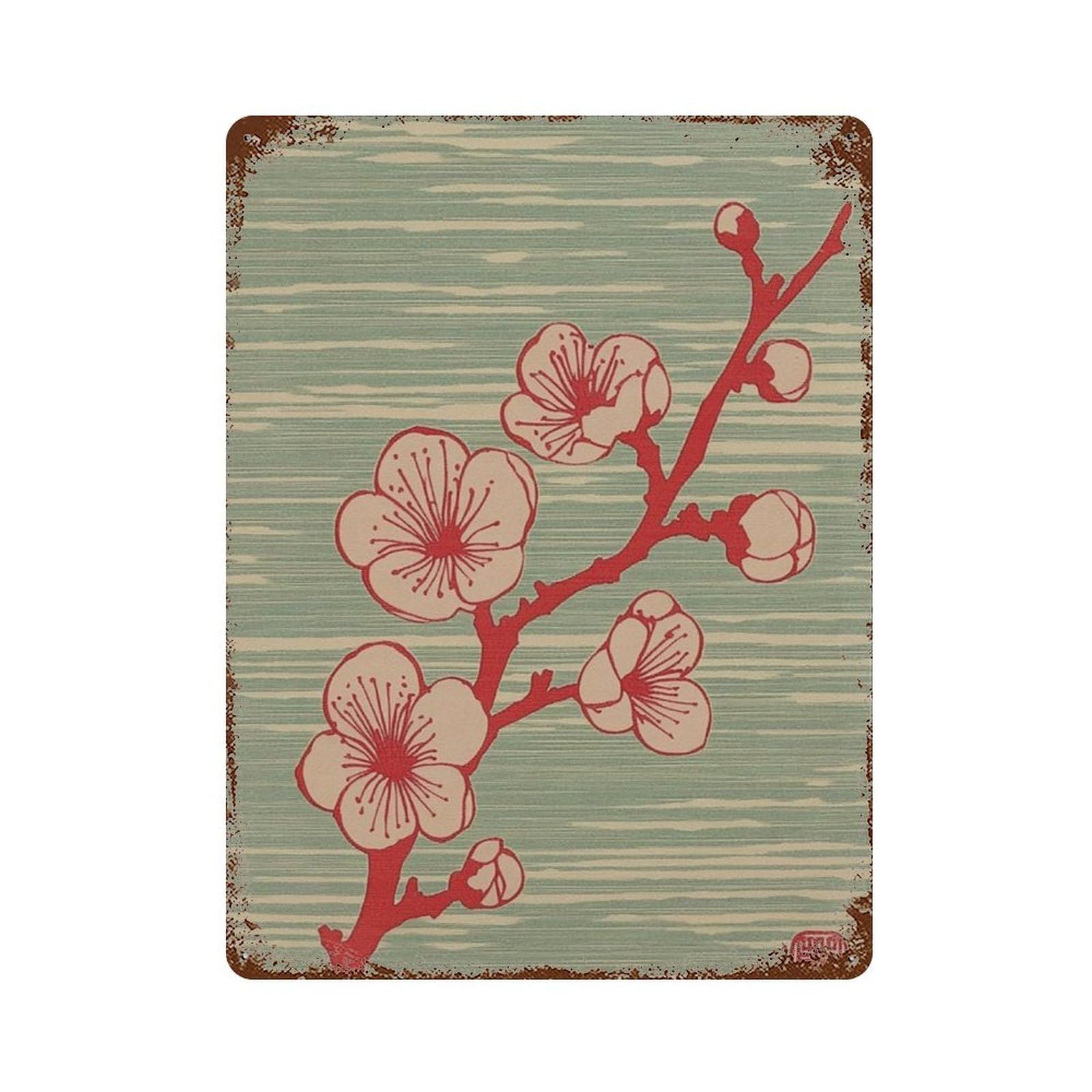 xiaoxiaoshen Plum Blossom Japanese Floral Red Flower Branch Minimal Wall Decor Art Metal Tin Poster Modern Home Decor Art Home Bar Shop Decorations Vintage Sign 40x30cm