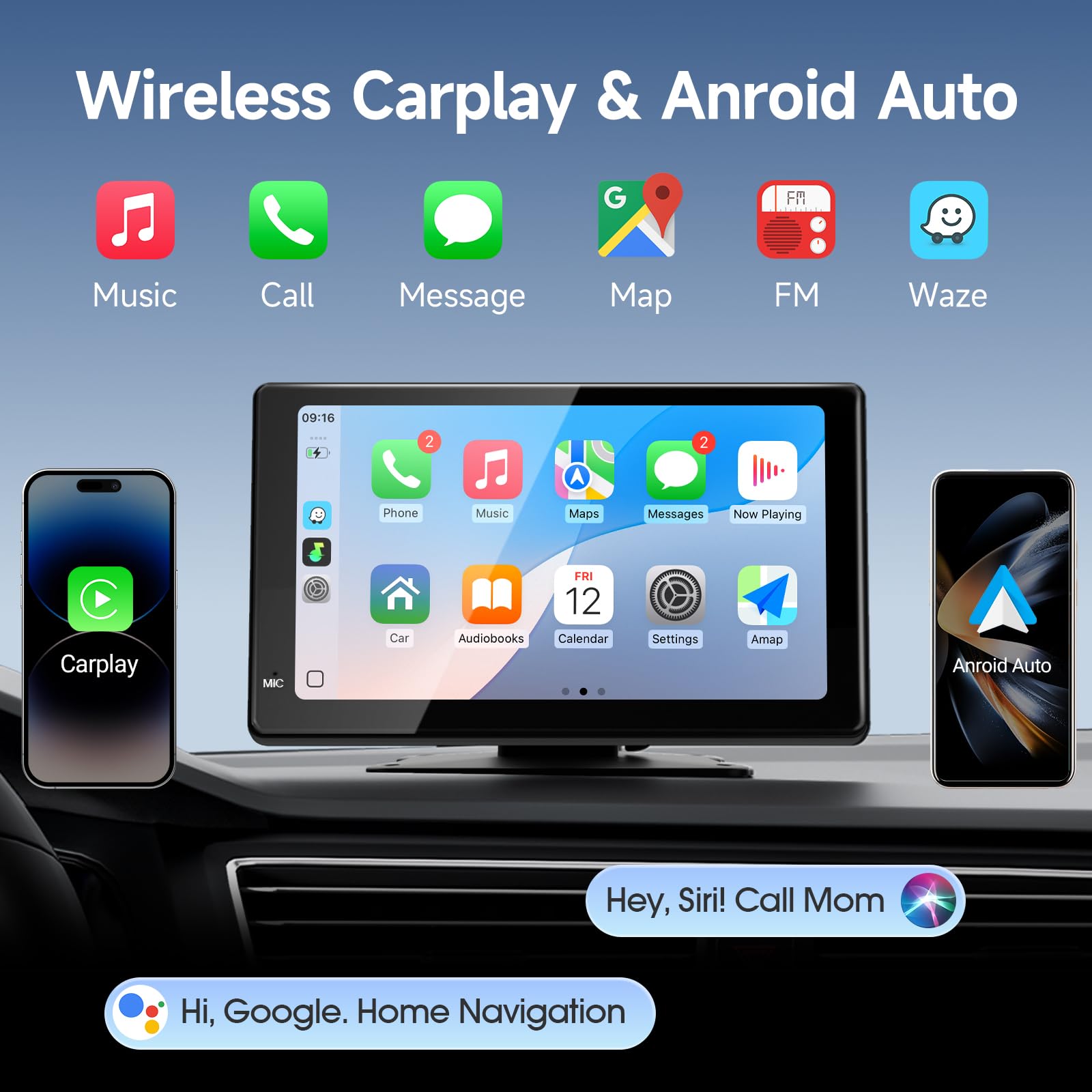 Haudio Car Stereo 7Calowy Ekran Carplay dla Apple i Android Auto,Przenośny Odtwarzacz Samochodowy Tylną Kamerą 1080P,Odtwarzacz Samochodowy ze Sterowaniem Głosowym i Mirro Link do Wszystkich Pojazdów