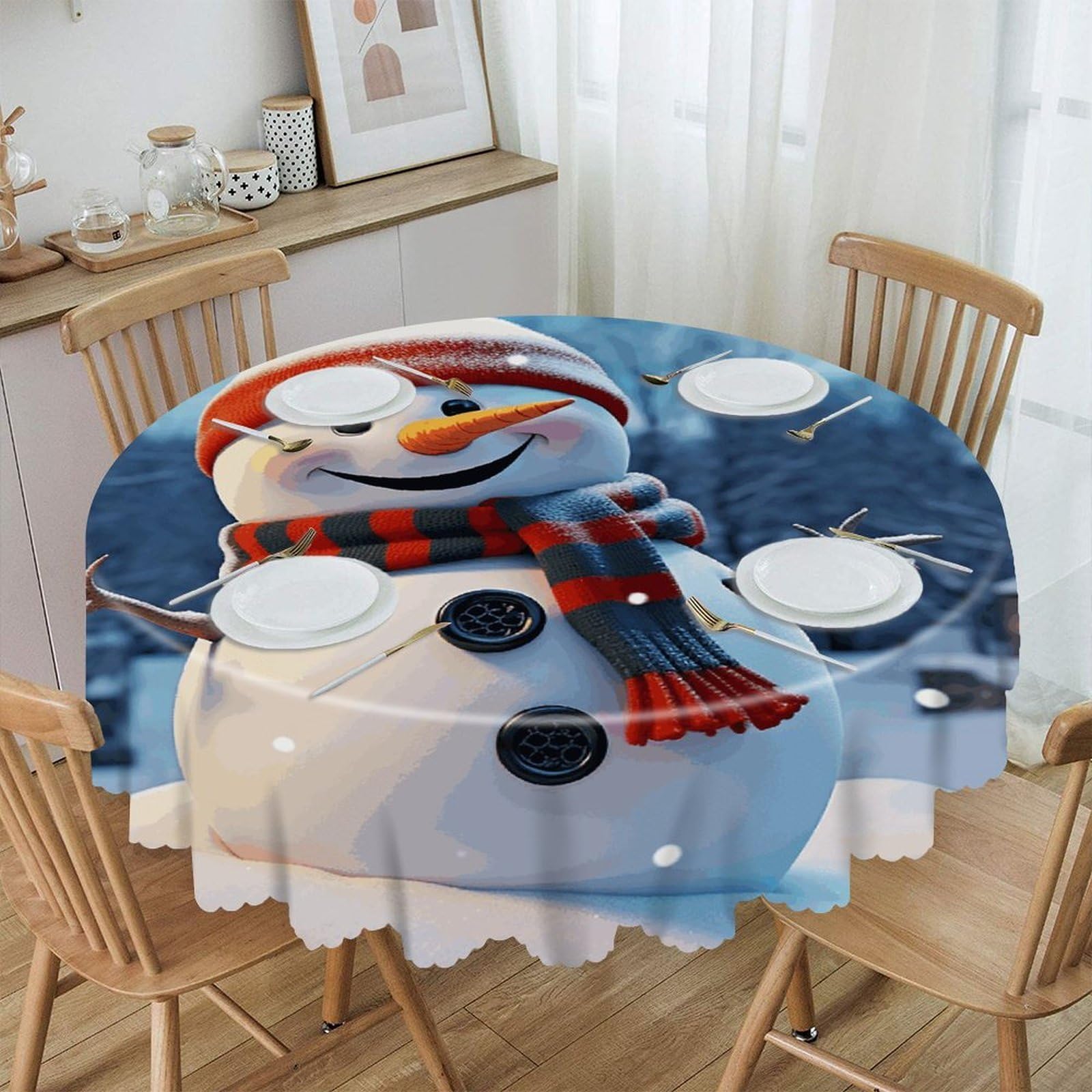 FekiLoot Happy Snowman Round Tablecloths 60 Inch Resistant Washable Polyester Table Cloth Style Decorative Circle Fabric Table Cover for Dining Kitchen Party Farmhouse Outdoor