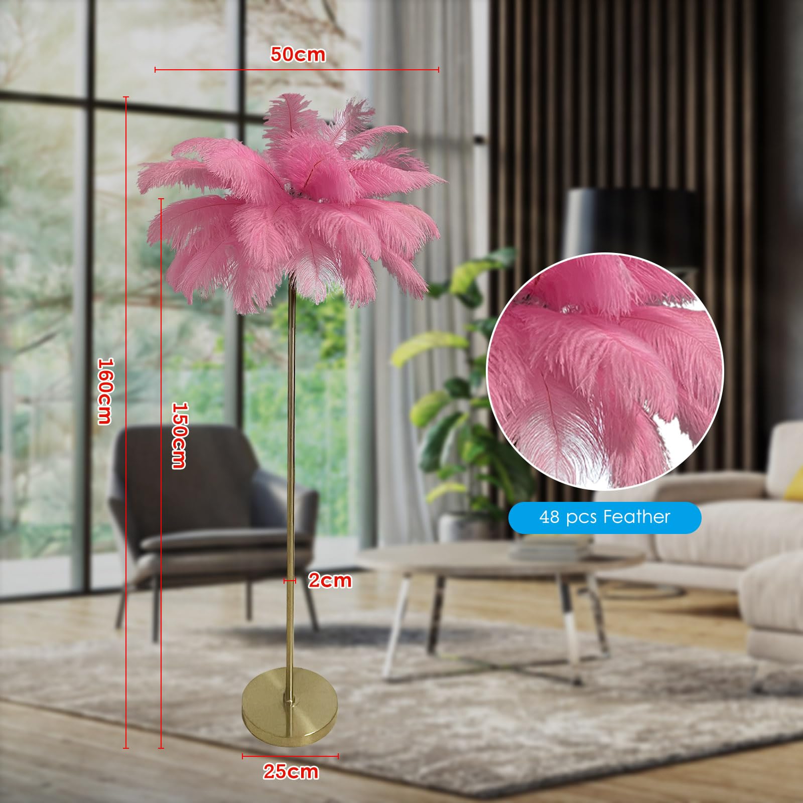 Lampada da terra, paralume in piuma rosa arredamento camera da letto in resina lampade da comodino nordiche in piedi per soggiorno, camera da letto per bambini/villa/hotel/decorazione per ufficio illu