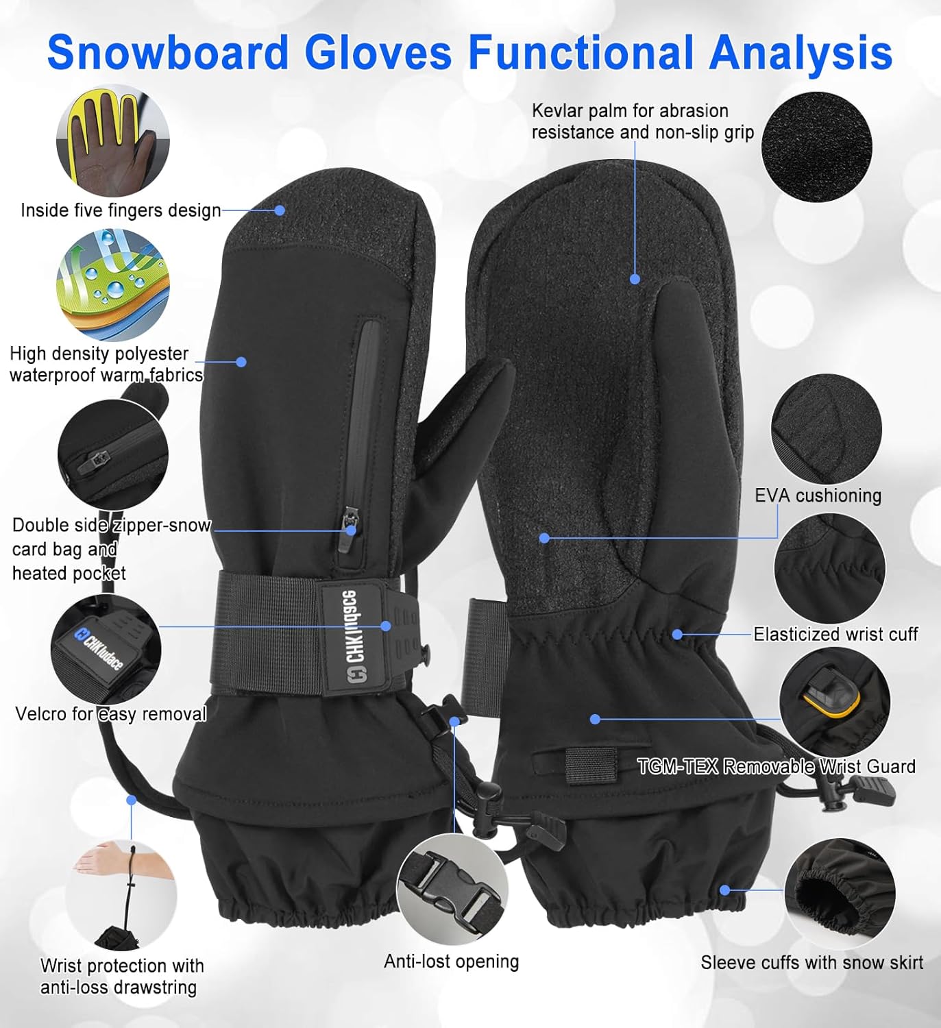 Ski Gloves, Men's Winter Waterproof Snowboard Gloves with Kevlar Palm, 5 Fingers