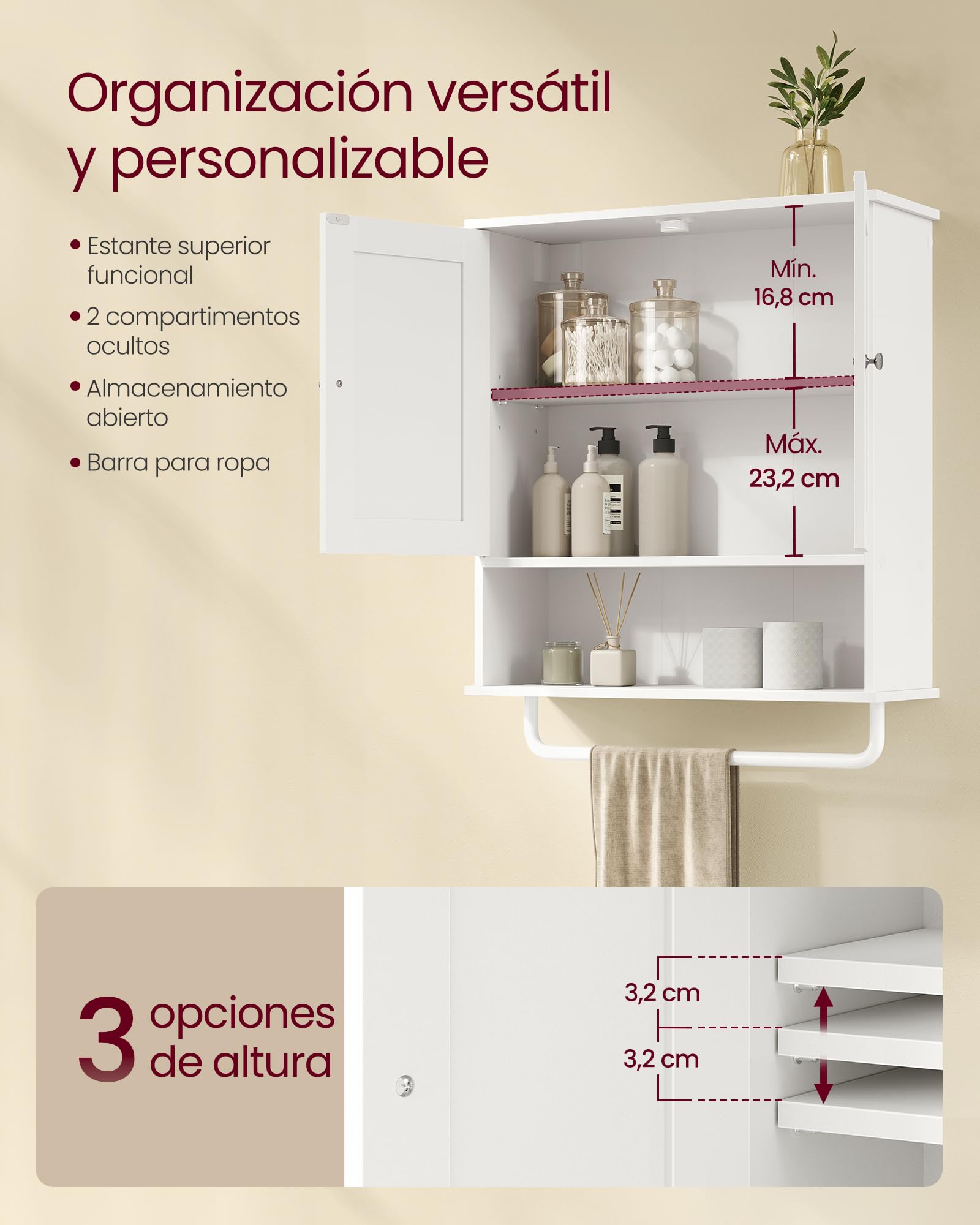 VASAGLE Siren Colección - Mueble de Baño Colgante con Barra para Toallas, Armario de Pared con Estante Abierto, Estante Ajustable y Puertas, Estilo Rústico, Blanco Nube BBK149WB01