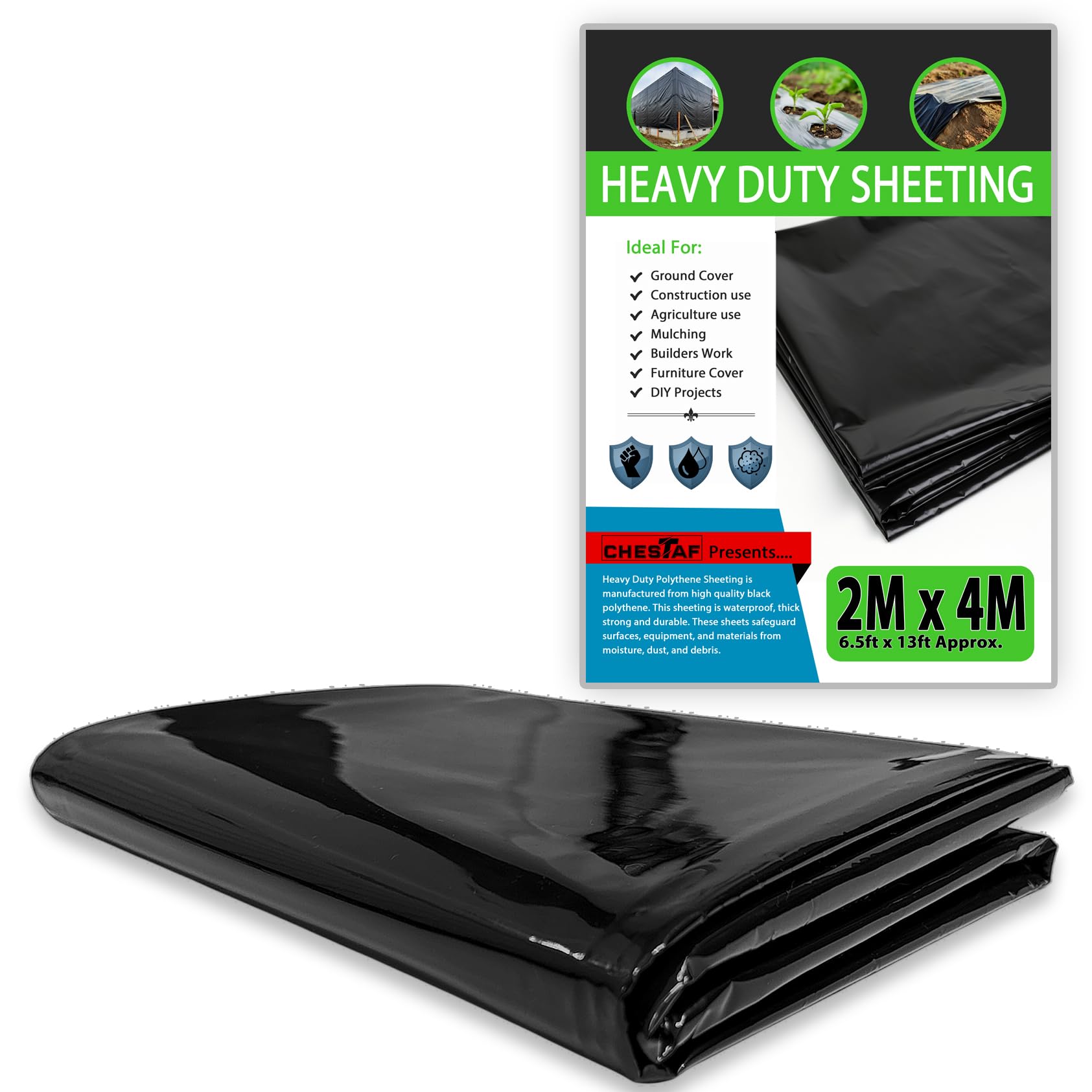 CHESTAF 2M X 4M Black Plastic Sheeting Heavy Duty, 750G Thick Polythene Sheeting Garden Grow