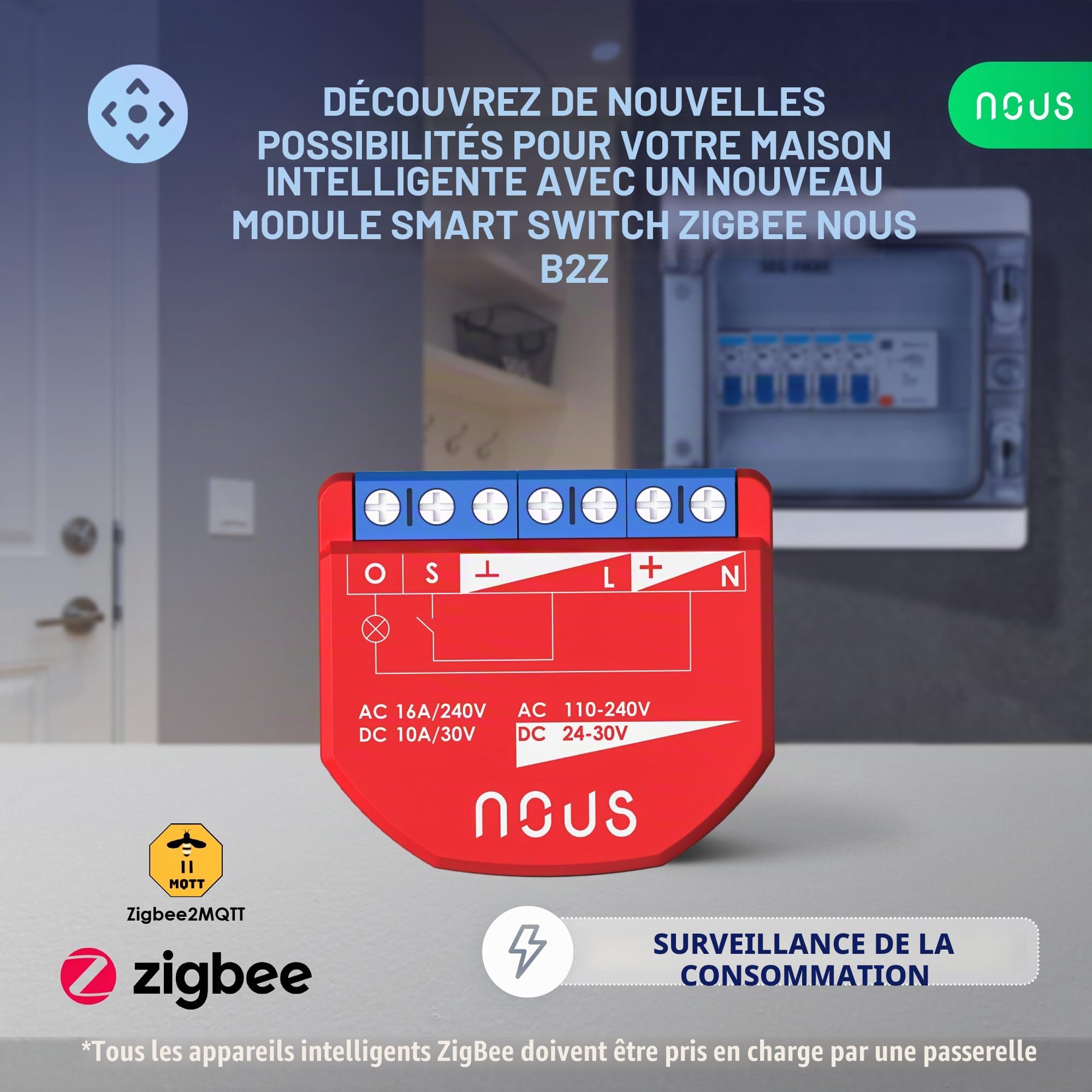 NOUS Module Interrupteur Intelligent ZigBee avec Mesure de Puissance, 1 Canal, AC 16A/DC 10A, 3.0 Hub Requis, Compatible avec Alexa, Zigbee2MQTT, Google Assistant, Home Assistant, Tuya