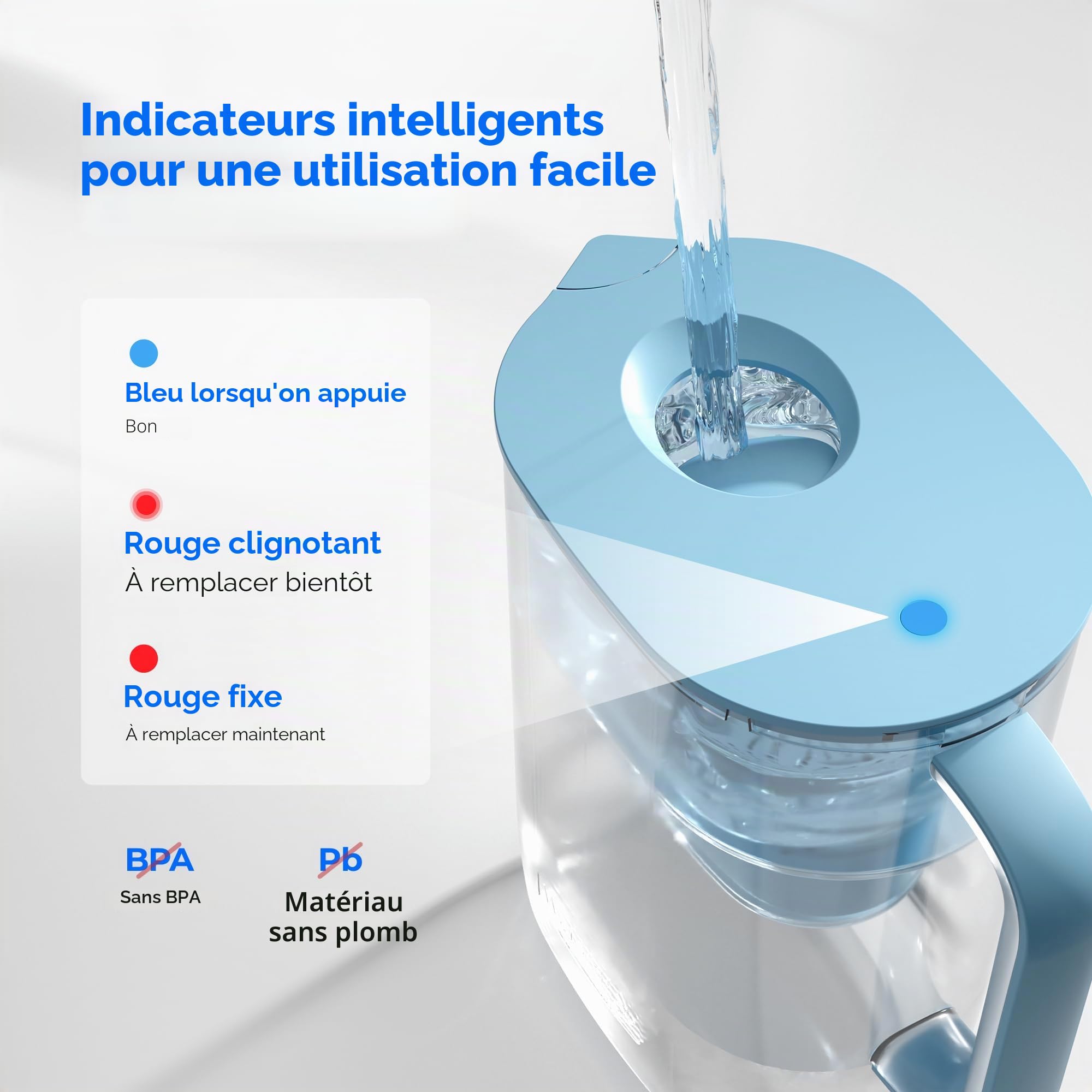 Waterdrop Lucid Carafe Filtrante d'eau avec 1×90 Jours Filtre, 3.5L, Réduit le Fluorure, le Chlore et Plus, NSF Certifiée, sans BPA, Bleu (Filtre Remplaçable: WD-PF-01A Plus)