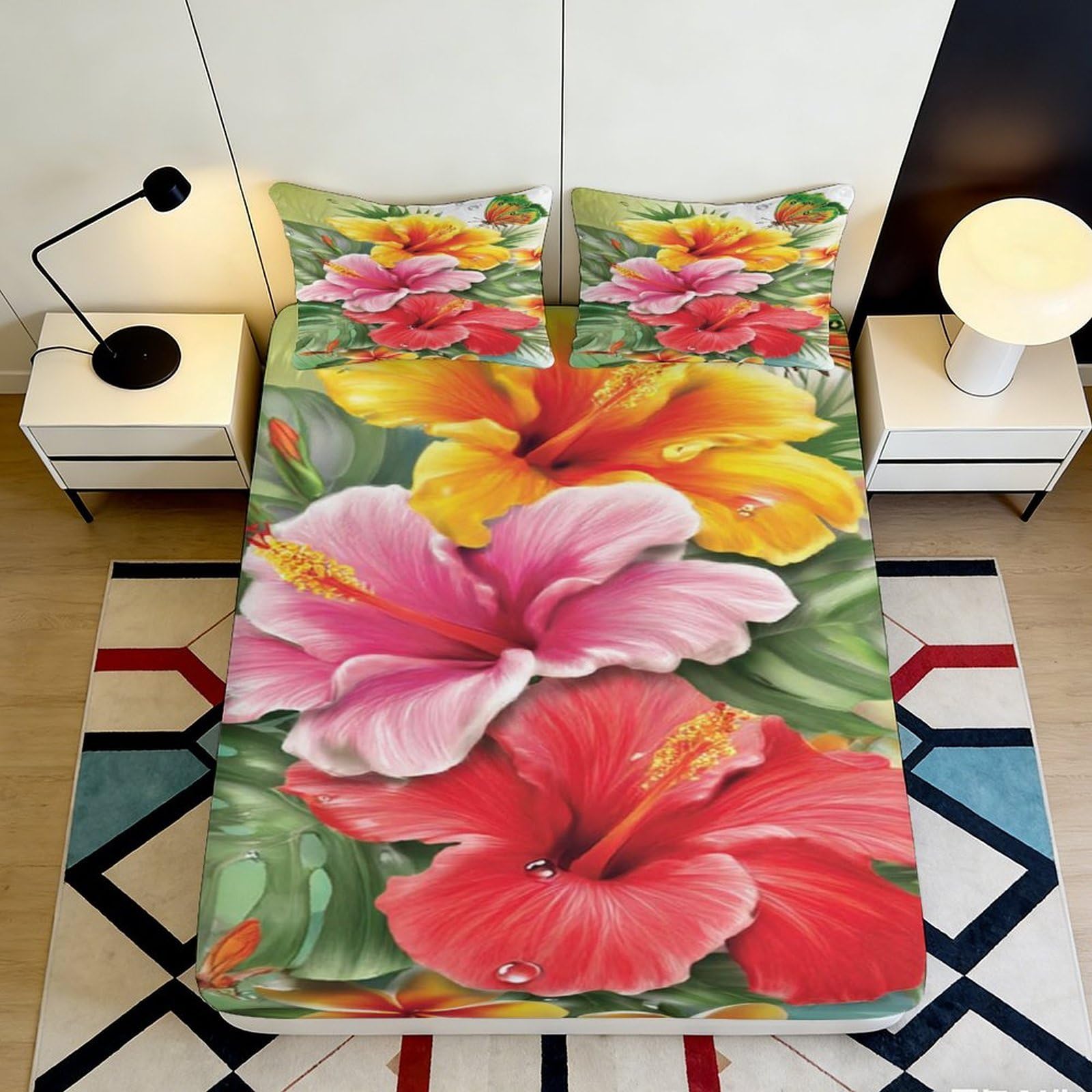 3D Printed Tropical Hibiscus Fitted Sheet Microfiber Soft Breathable Floral Bed Cover for Bedroom Dormitory Guest Room Mattress Protection Decor 90x200x25cm