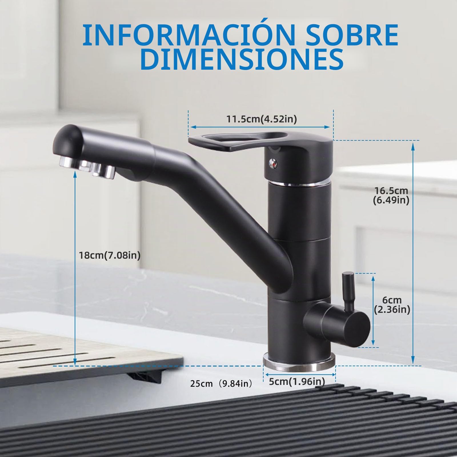 Grifo de cocina de 3 vías, grifo de cocina giratorio 360°, grifo de fregadero con caño flexible, G3/8 pulgadas (grifo de triple conexión con filtro de agua, negro)