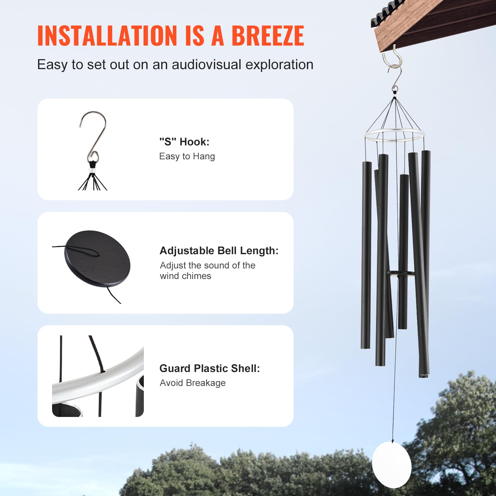 VEVOR Windspiel, 66 Zoll, Windspiel mit tiefem Ton und 6 Röhren, einzigartiges großes Gedenk-Windspiel zum Jahrestag, tolle Außendekoration für Terrasse, Veranda, Garten und Hinterhof, schwarz