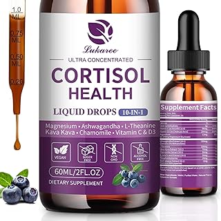 Cortisol Supplements for Women & Men, 10 in 1 Cortisol Detox Manager Reducer with Magnesium, Ashwagandha, L-theanine, Hormone Balance Liquid Drops - Mood, Focus, Sleep - 2 FL.OZ, Blueberry Flavor
