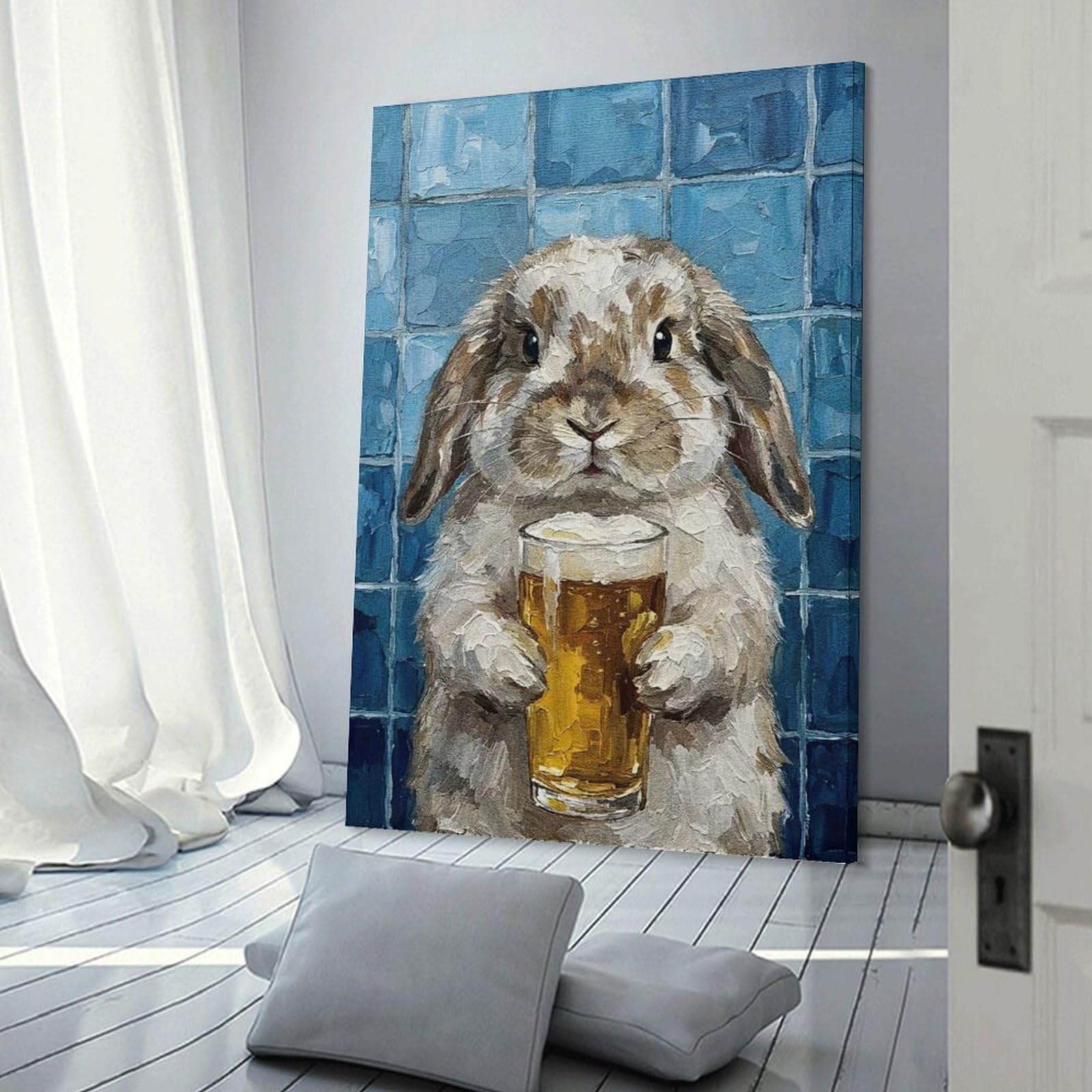 Junmoney Frame-Style-4 Rabbit With Beer Painting Canvas Wall Art 20X30inch(50X75cm), For Workspace Walls, Study Corners Or Bedrooms, Wall Art That Adds Style To Work Areas