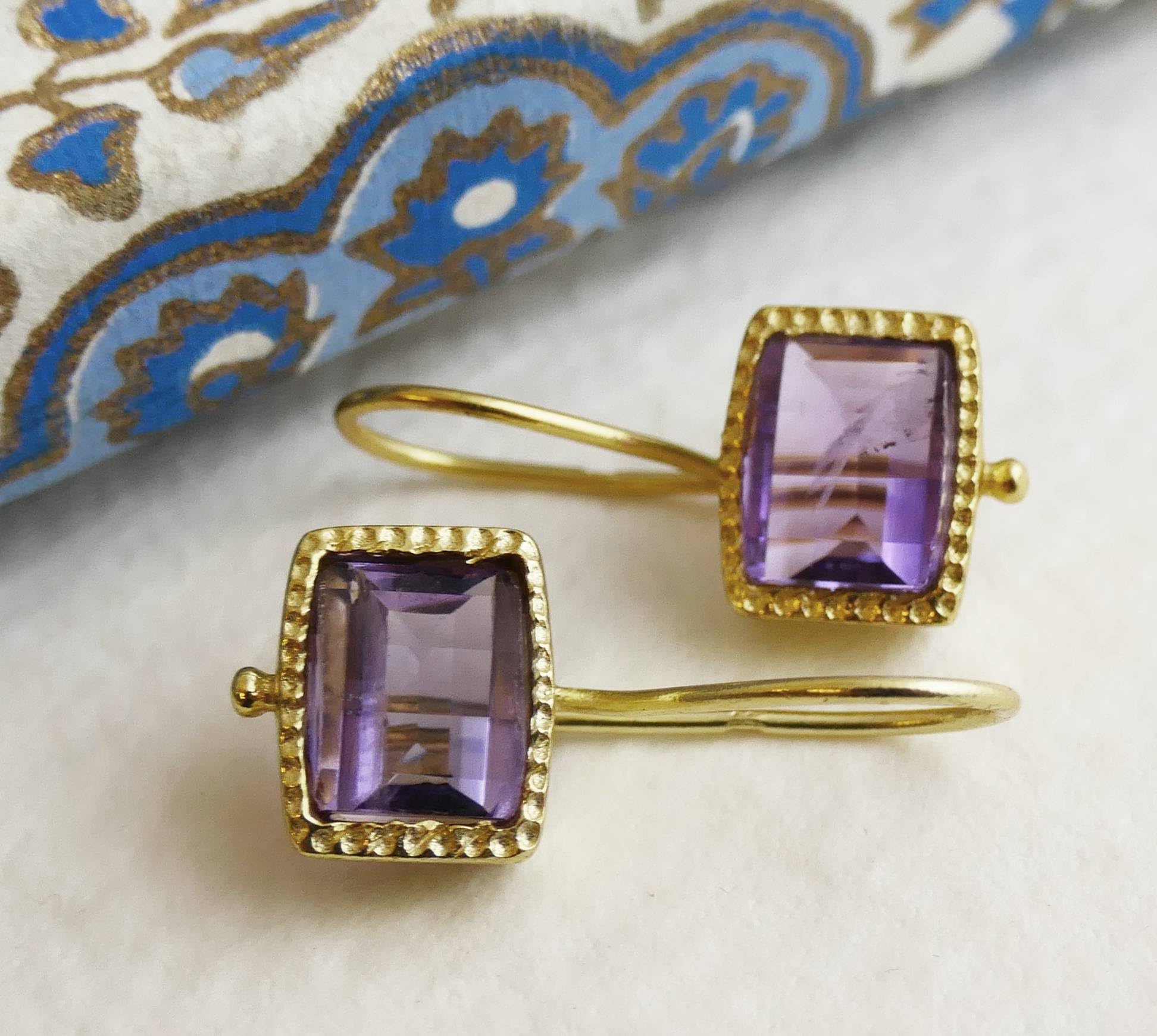 Amethyst Vergoldet 925 Silber Ohrringe | Natürlicher Edelstein - Geburtstagsgeschenk - Handgefertigte Geschenkideen für Frauen (Amethyst)