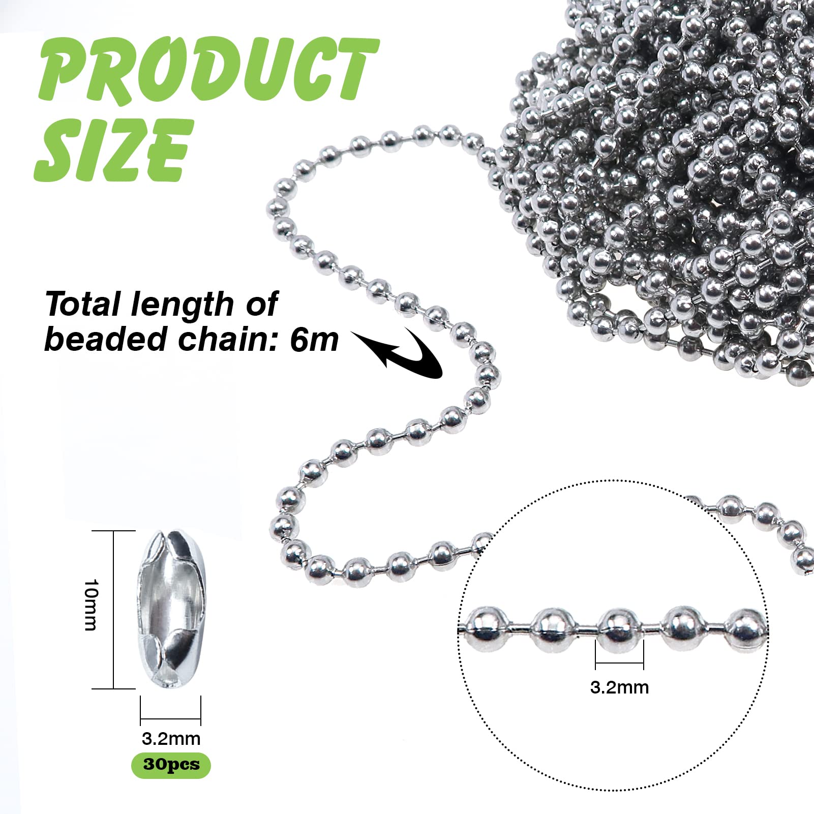 TOAOB Kogelketting van roestvrij staal, 6 m, verlengketting, zilver, 4,5 mm, diameter bal, kralen, ketting met bijpassende connectoren, voor scrapbooking, sleutelhangers, armbanden, doe-het-zelf, sieraden maken