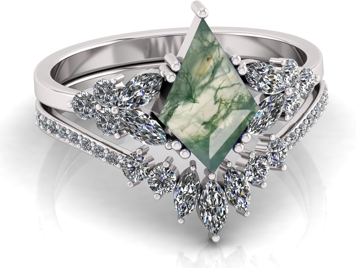 Oval Shape Natural Moss Agate Gemstone Wedding Ring Set, 925 Sterling Silver Nature Inspired Moss Agate Unique Dainty Branch Statement Ring, Gift for Her