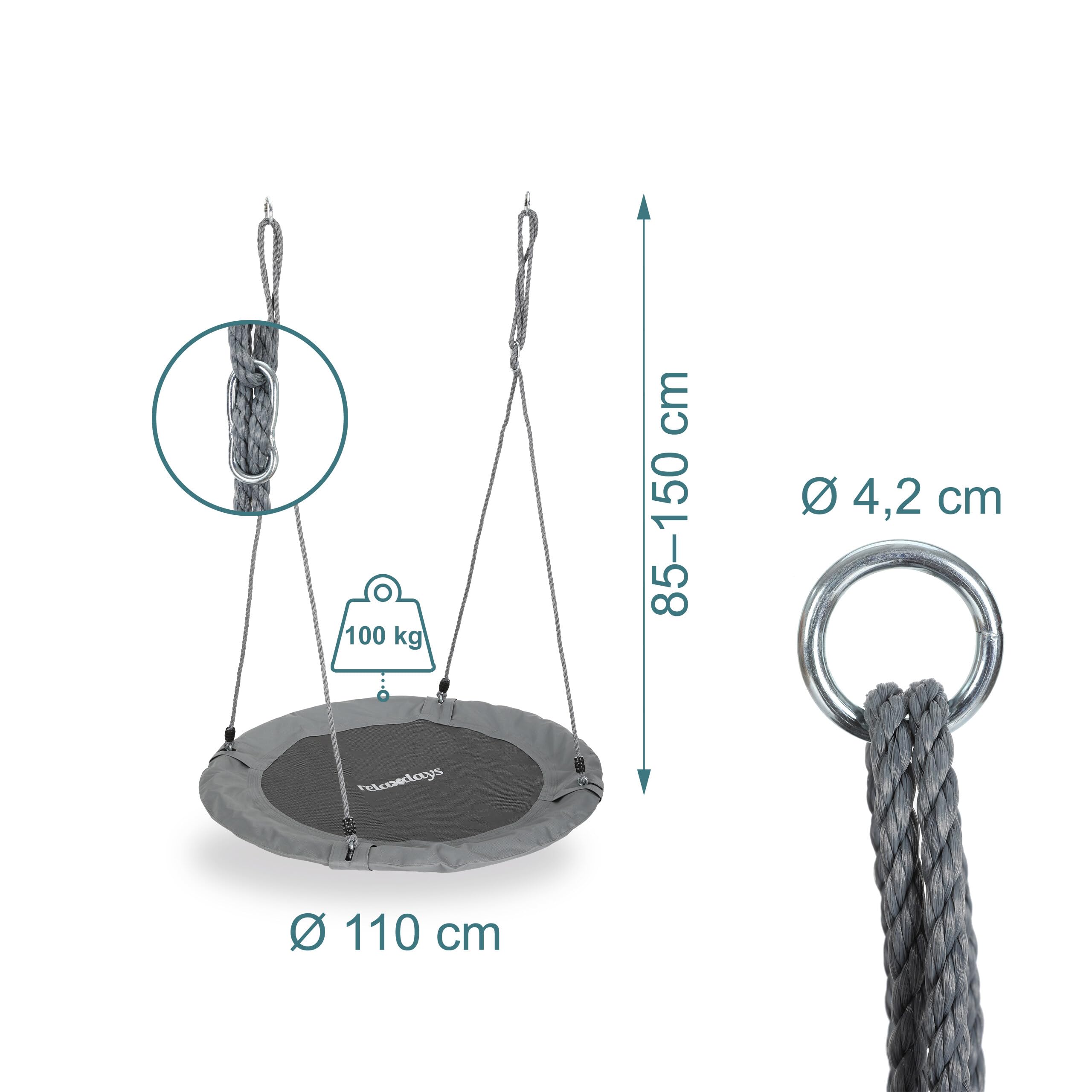 Relaxdays Balançoire nid d'oiseau Ronde, Ø 110 cm, à Suspendre, 100 kg, Gris, Enfant Adulte Jardin extérieur
