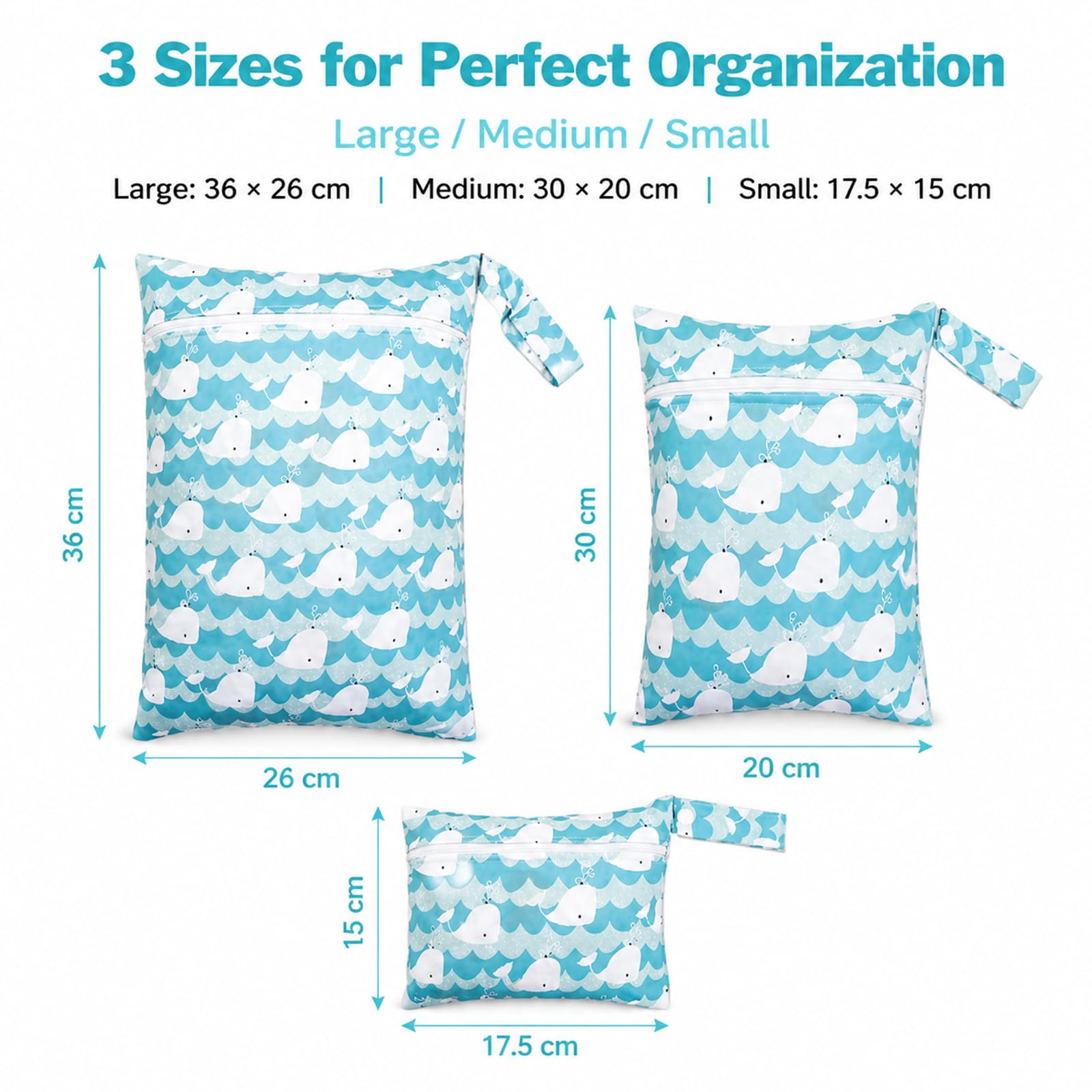 Set da 3 Wetbags Blu Balena Design, Borse Impermeabili per Pannolini e Indumenti bagnati per Neonati e Asilo, Wetbag Portatile per Viaggio con Dolce Motivo Balena