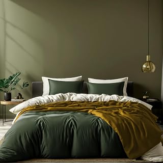 WhiteClassic Dark Green Queen Duvet Cover Set - Luxurious Microfiber with Hidden Zipper & 2 Pillow Shams, Soft 90x90 Comforter Cover